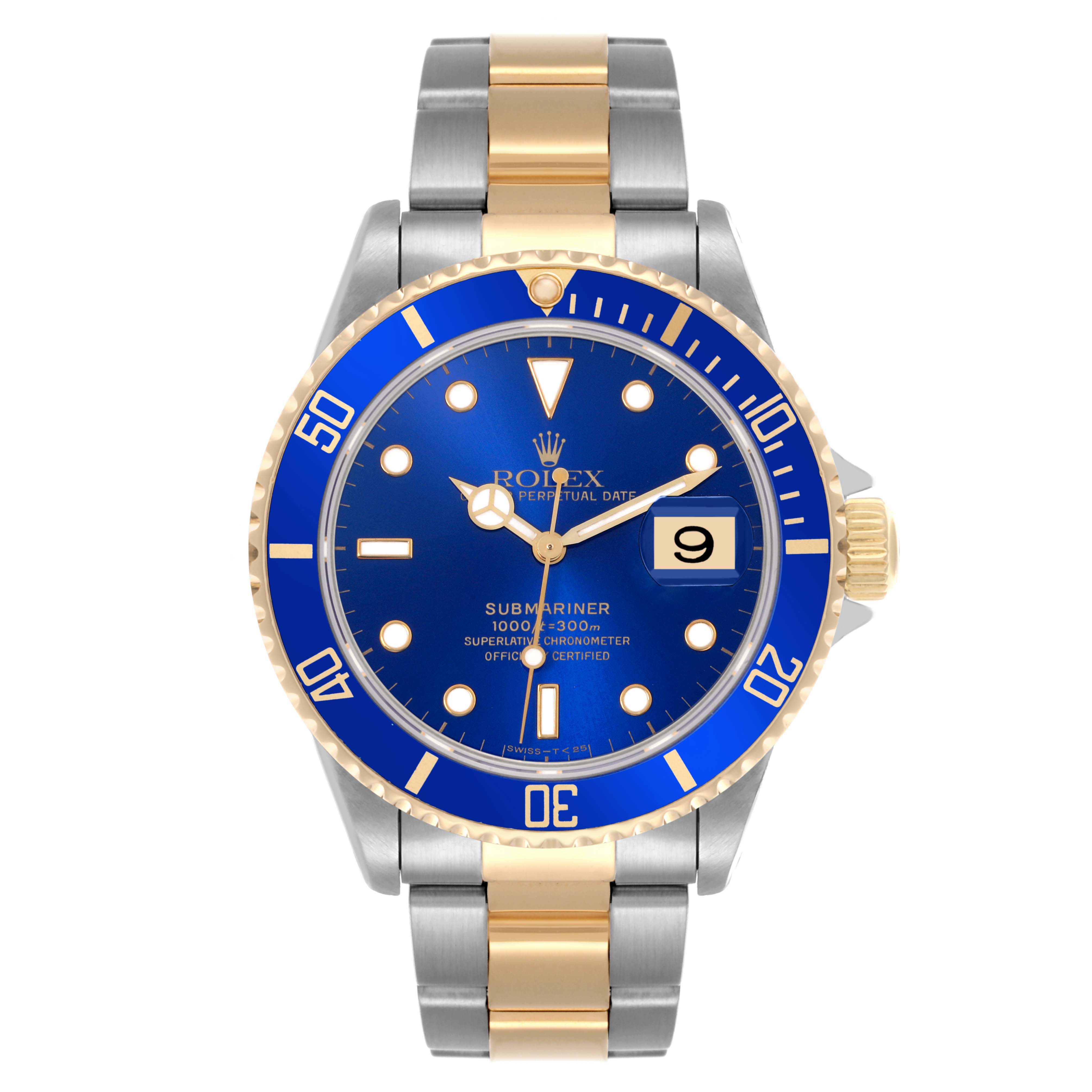 The Rolex Submariner 16613 Men's Steel and Gold (two tone) Blue Dial 16613 Men's Steel and Gold (two tone) Blue Dial watch is shown from the front, highlighting the dial, bezel, and two-tone bracelet.