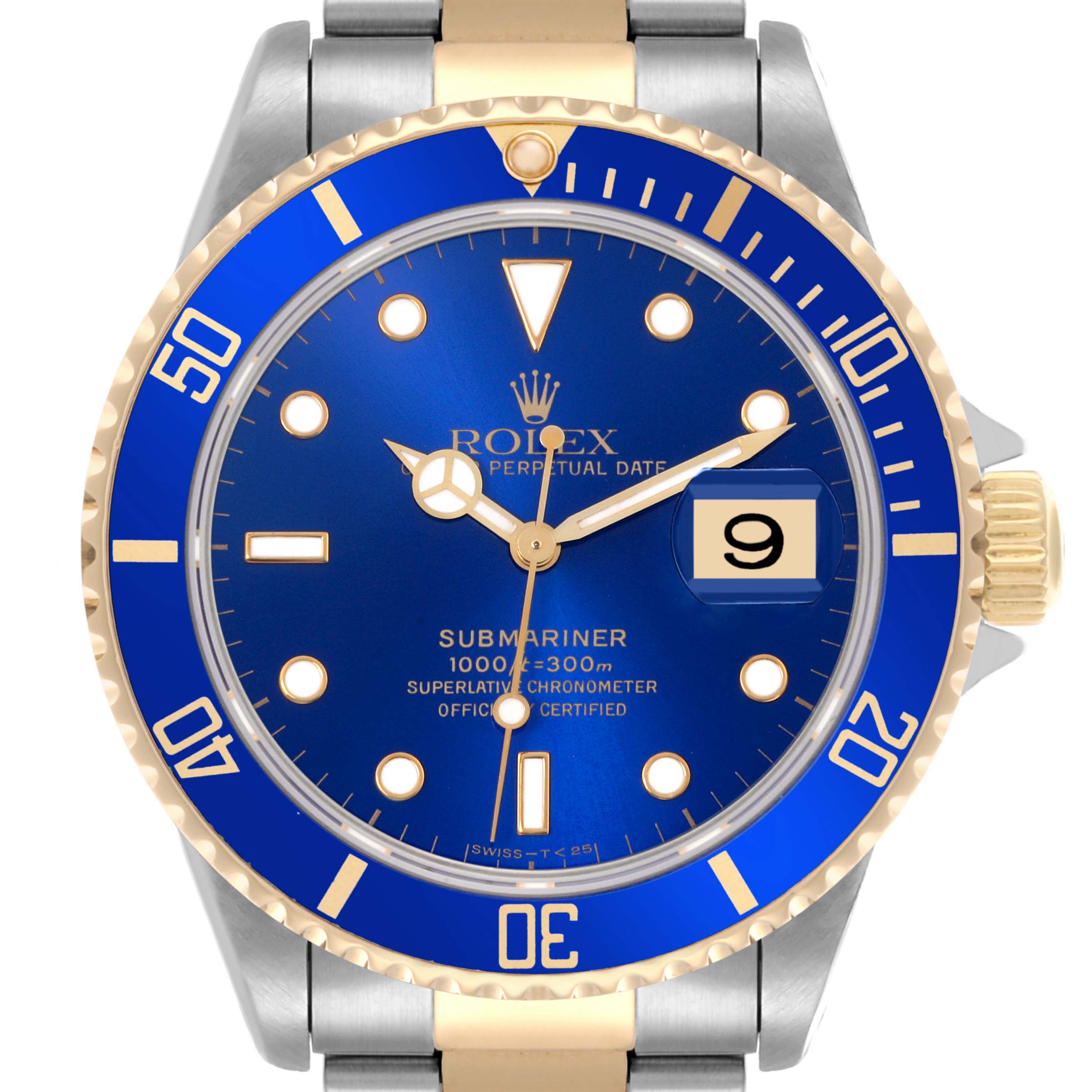 The image shows a front view of the Rolex Submariner 16613 Men's Steel and Gold (two tone) Blue Dial 16613 Men's Steel and Gold (two tone) Blue Dial, highlighting the blue dial, bezel, and date window.