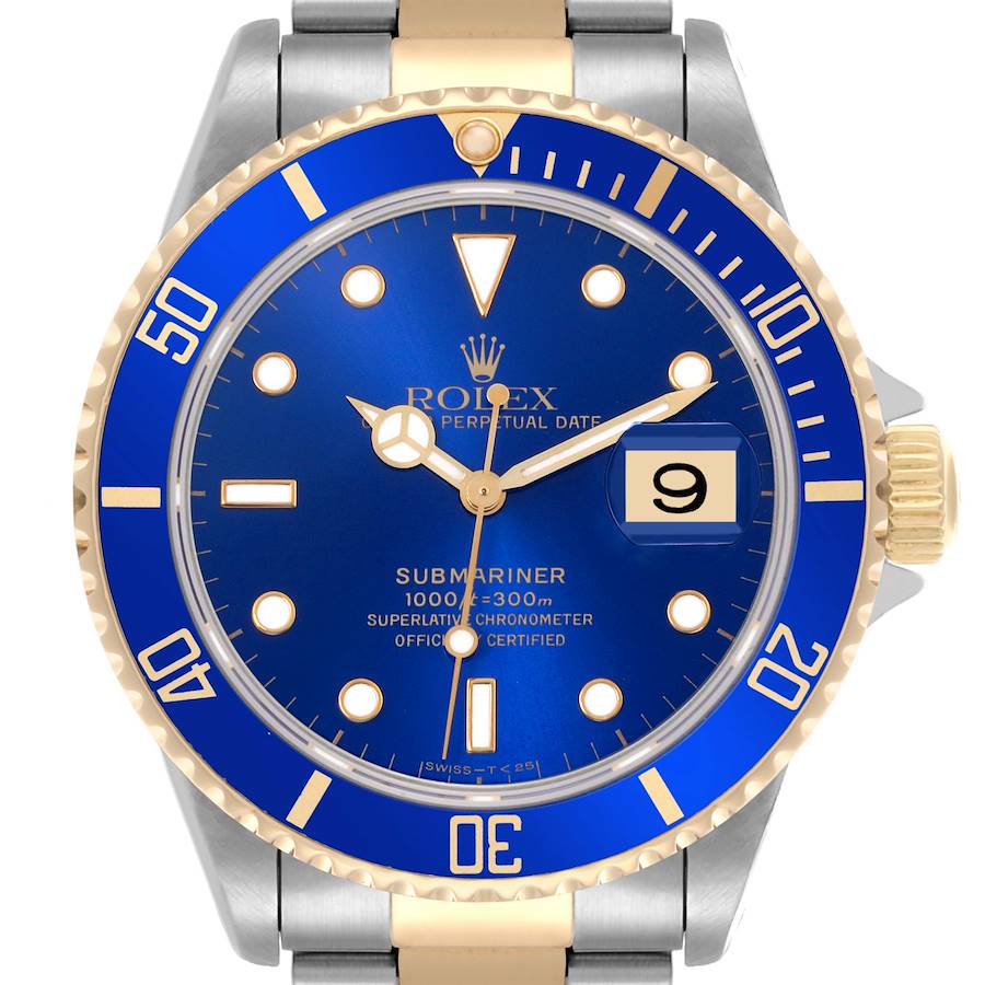 The image shows a front view of the Rolex Submariner, highlighting the blue dial, bezel, and date window.