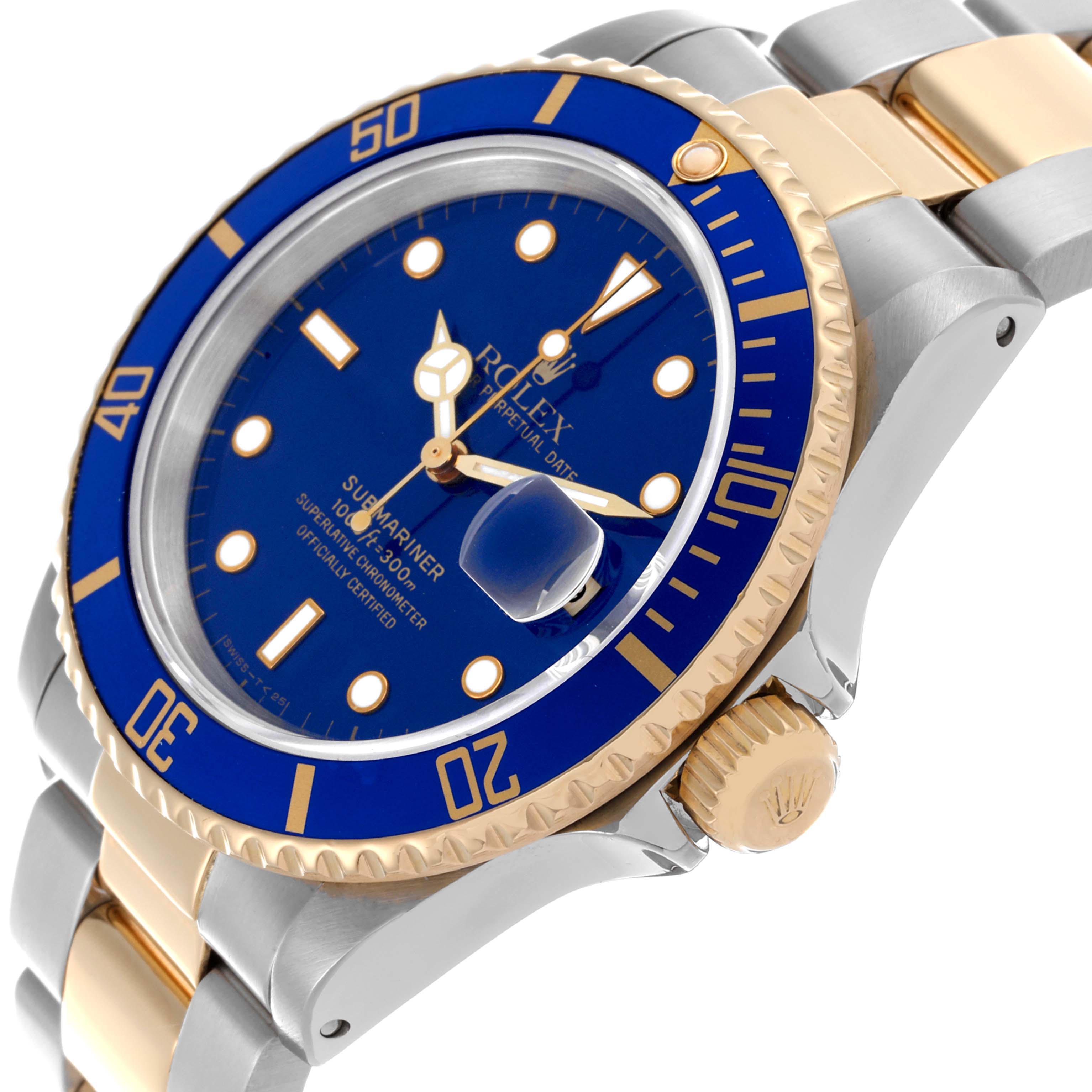 This Rolex Submariner 16613 Men's Steel and Gold (two tone) Blue Dial 16613 Men's Steel and Gold (two tone) Blue Dial watch is shown at a three-quarter angle, displaying the bezel, dial, crown, and part of the bracelet.