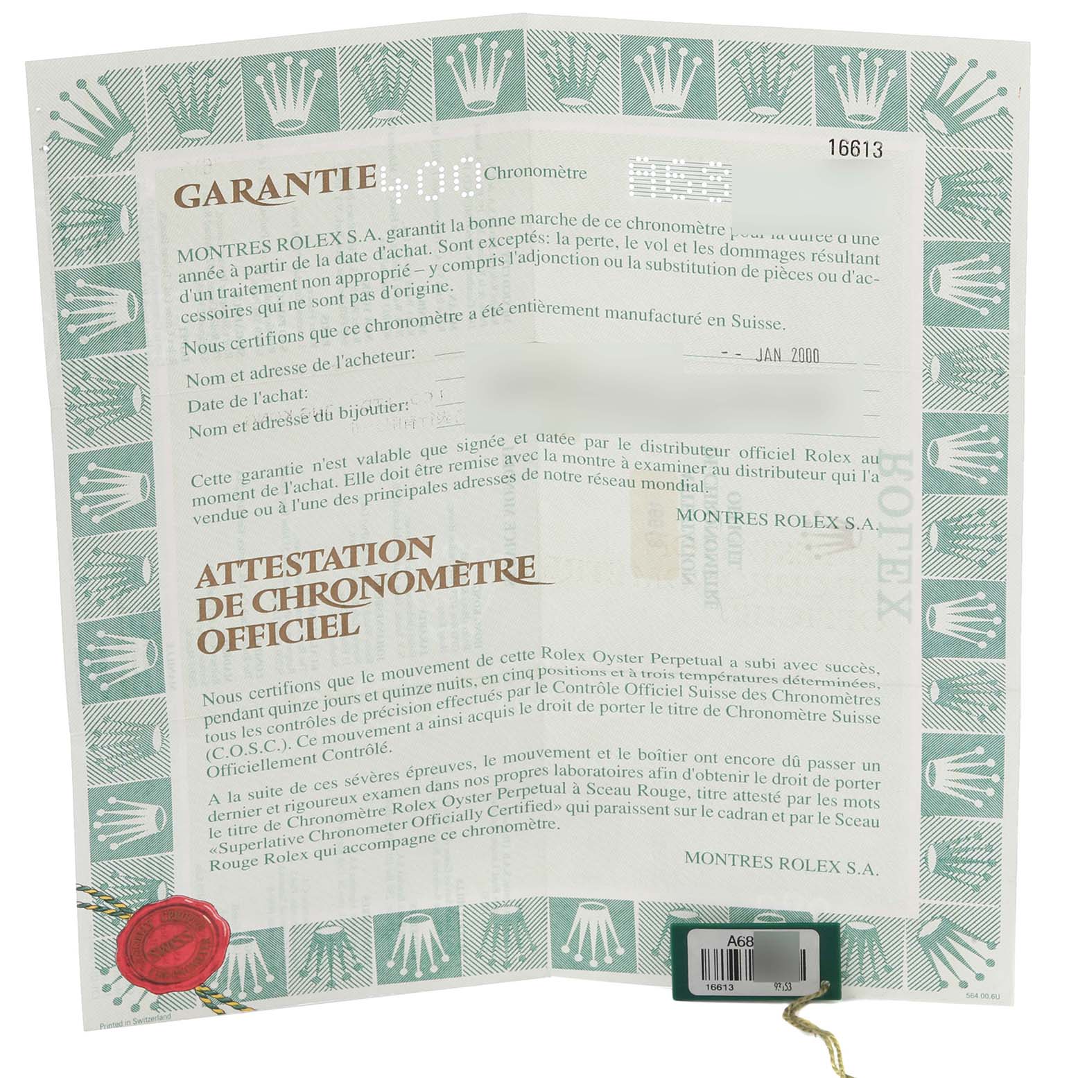 The image shows a guarantee certificate for a Rolex Submariner 16613 Men's Steel and Gold (two tone) Blue Dial 16613 Men's Steel and Gold (two tone) Blue Dial.