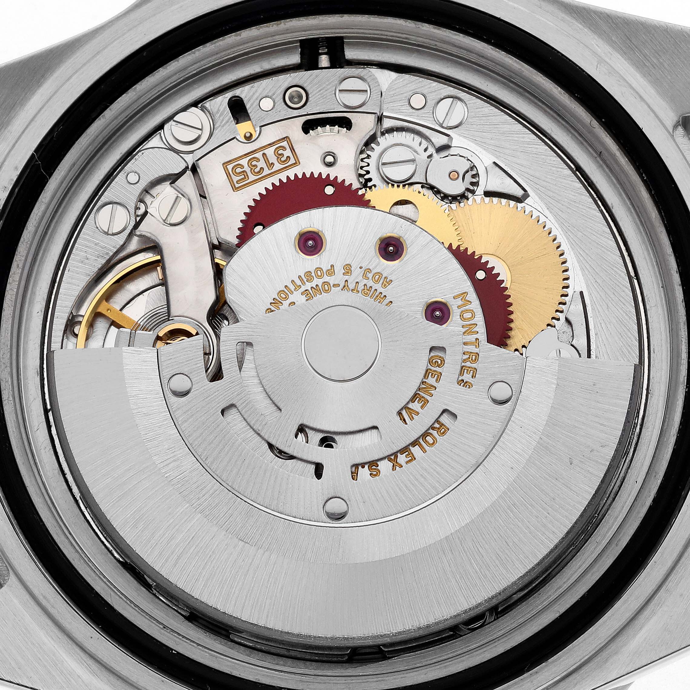 The image shows the internal mechanism of a Rolex Submariner 16613 Men's Steel and Gold (two tone) Blue Dial 16613 Men's Steel and Gold (two tone) Blue Dial, focusing on its movement components.