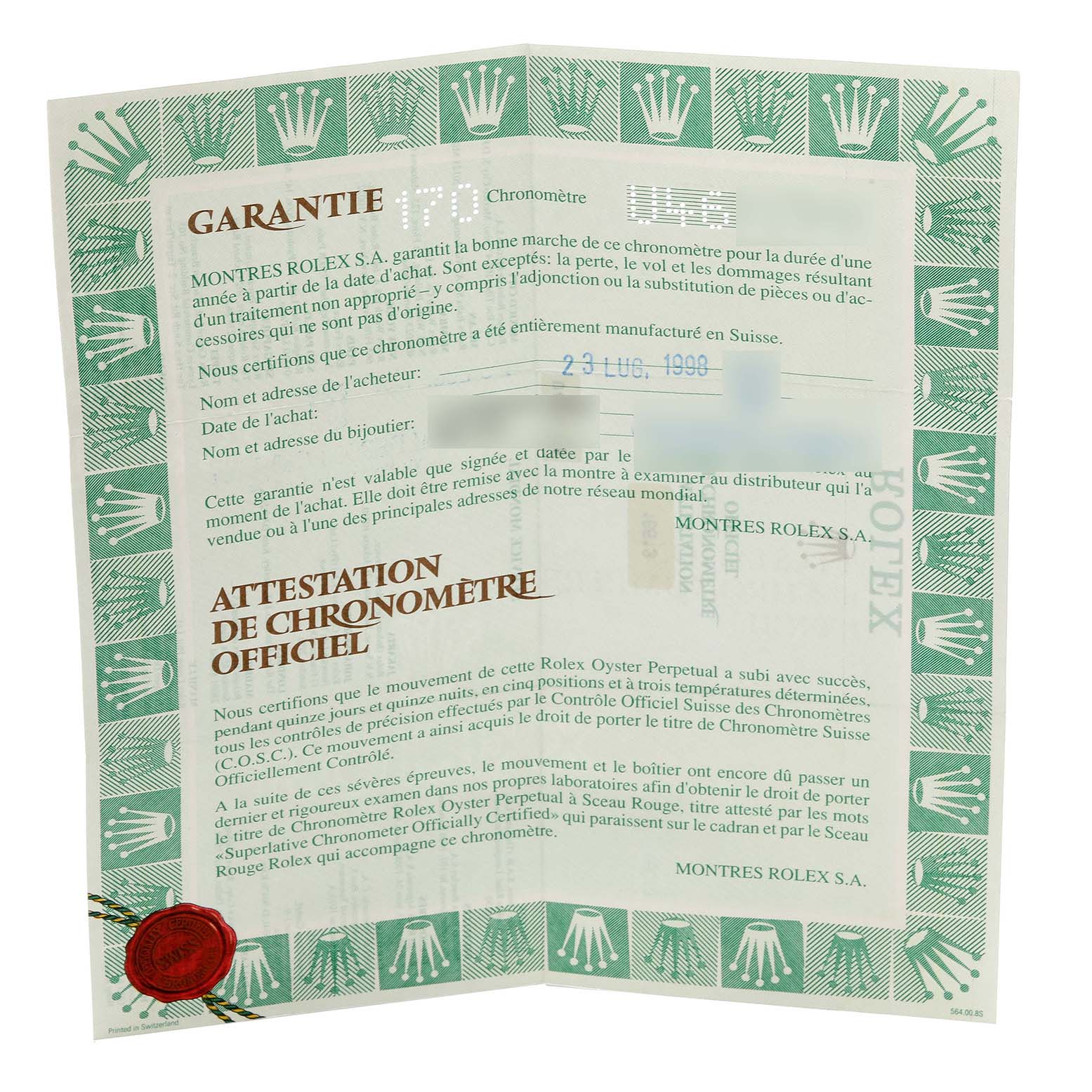 The image shows a warranty certificate for the Rolex Submariner 16613 Men's Steel and Gold (two tone) Blue Dial 16613 Men's Steel and Gold (two tone) Blue Dial, featuring brand logos and text.