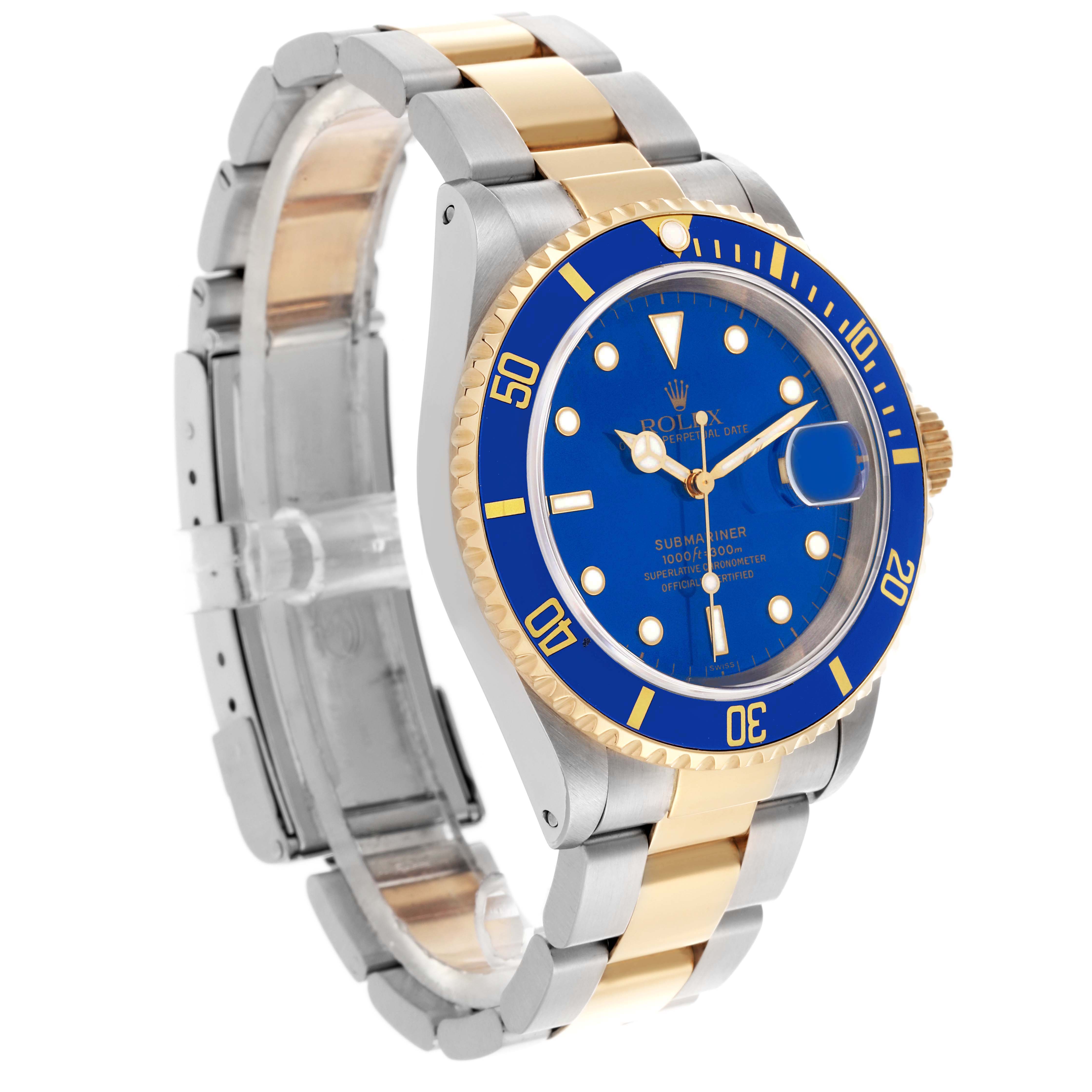 The Rolex Submariner 16613 Men's Steel and Gold (two tone) Blue Dial 16613 Men's Steel and Gold (two tone) Blue Dial watch is shown at a three-quarter angle with the face, bezel, and part of the bracelet visible.