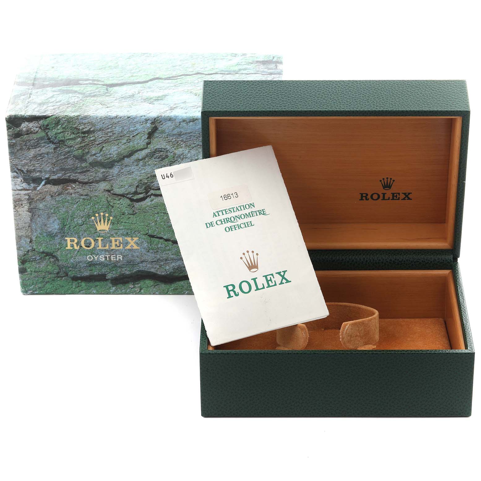 The image shows the open packaging and certificate for a Rolex Submariner 16613 Men's Steel and Gold (two tone) Blue Dial 16613 Men's Steel and Gold (two tone) Blue Dial watch, with a box and official document.