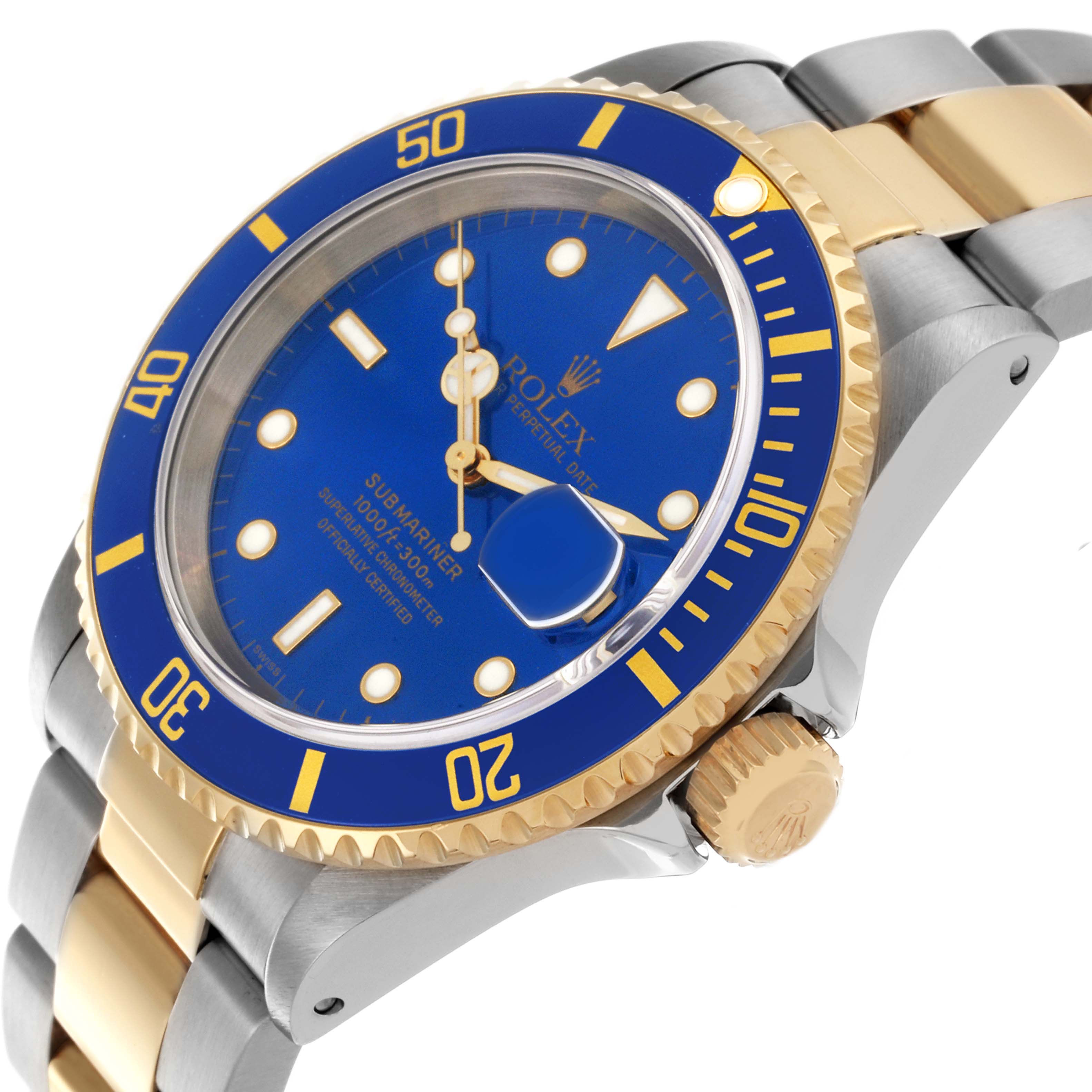 The Rolex Submariner 16613 Men's Steel and Gold (two tone) Blue Dial 16613 Men's Steel and Gold (two tone) Blue Dial is shown at a slight side angle, highlighting the blue dial, bezel, gold crown, and two-tone bracelet.