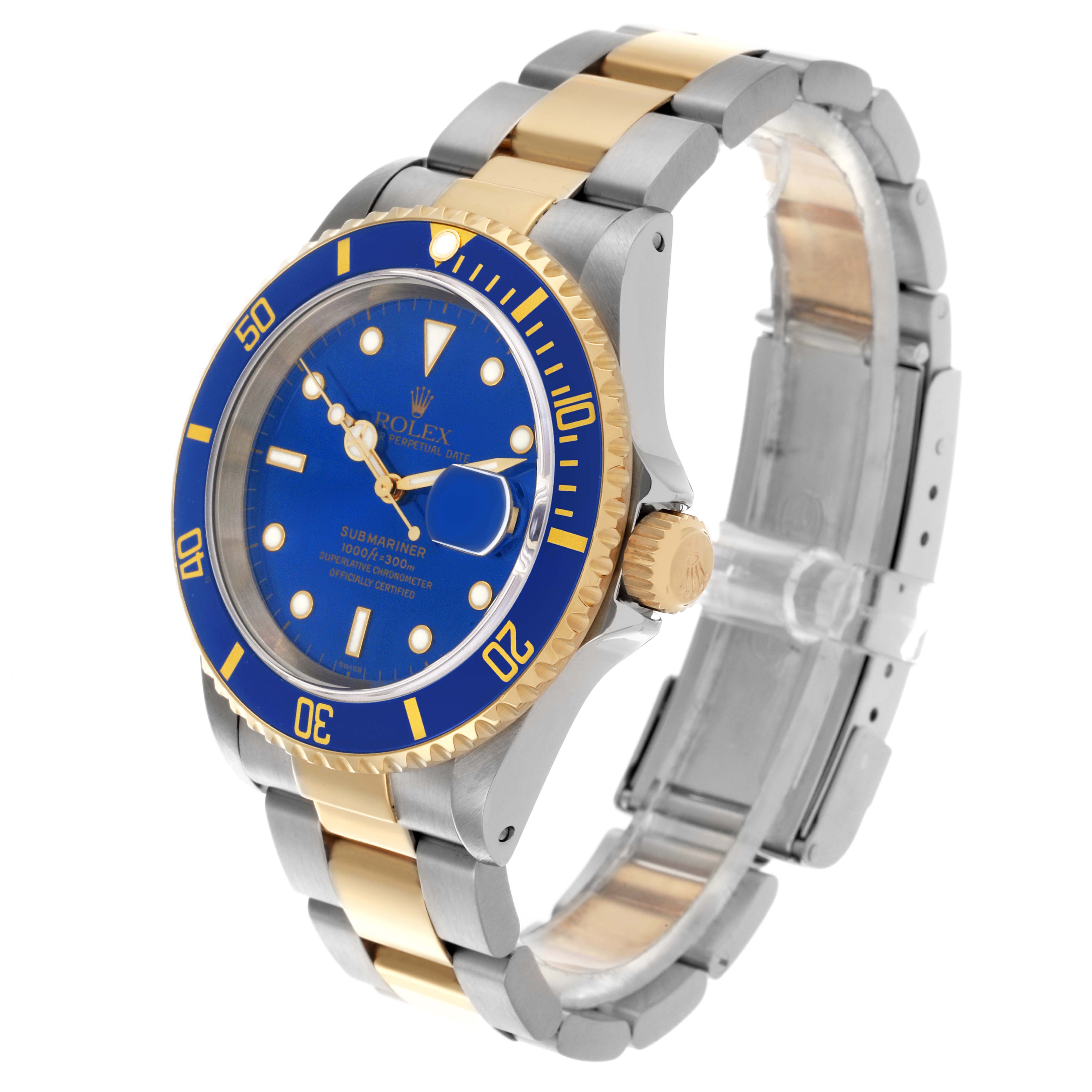 The image shows a side angle of a Rolex Submariner 16613 Men's Steel and Gold (two tone) Blue Dial 16613 Men's Steel and Gold (two tone) Blue Dial watch, highlighting the blue dial, bezel, and two-tone bracelet.