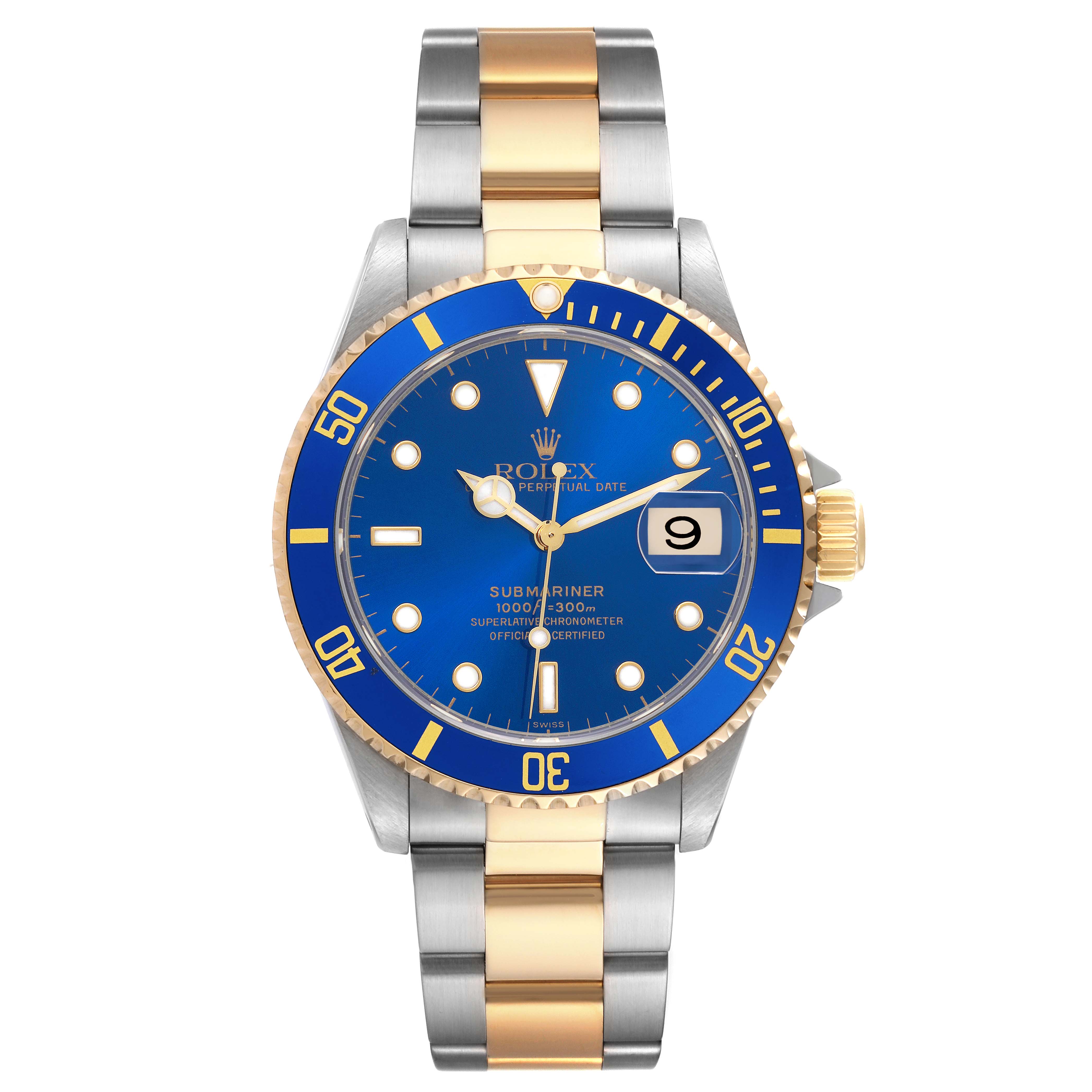 The Rolex Submariner 16613 Men's Steel and Gold (two tone) Blue Dial 16613 Men's Steel and Gold (two tone) Blue Dial is shown from the front, displaying the dial, bezel, hands, date window, and bracelet.