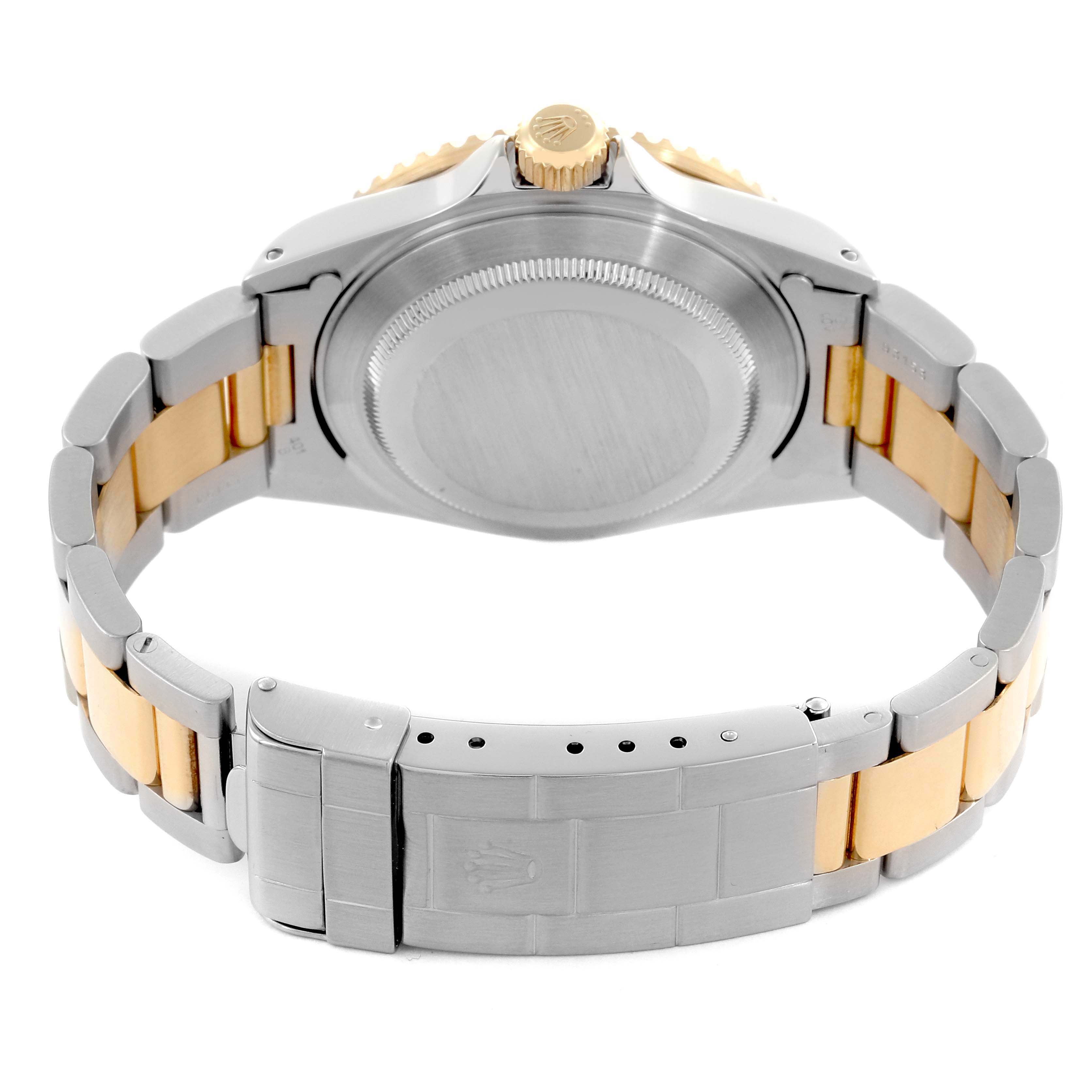 The image shows the back and bracelet of a Rolex Submariner 16613 Men's Steel and Gold (two tone) Blue Dial 16613 Men's Steel and Gold (two tone) Blue Dial, highlighting the clasp and case back from a rear angle.