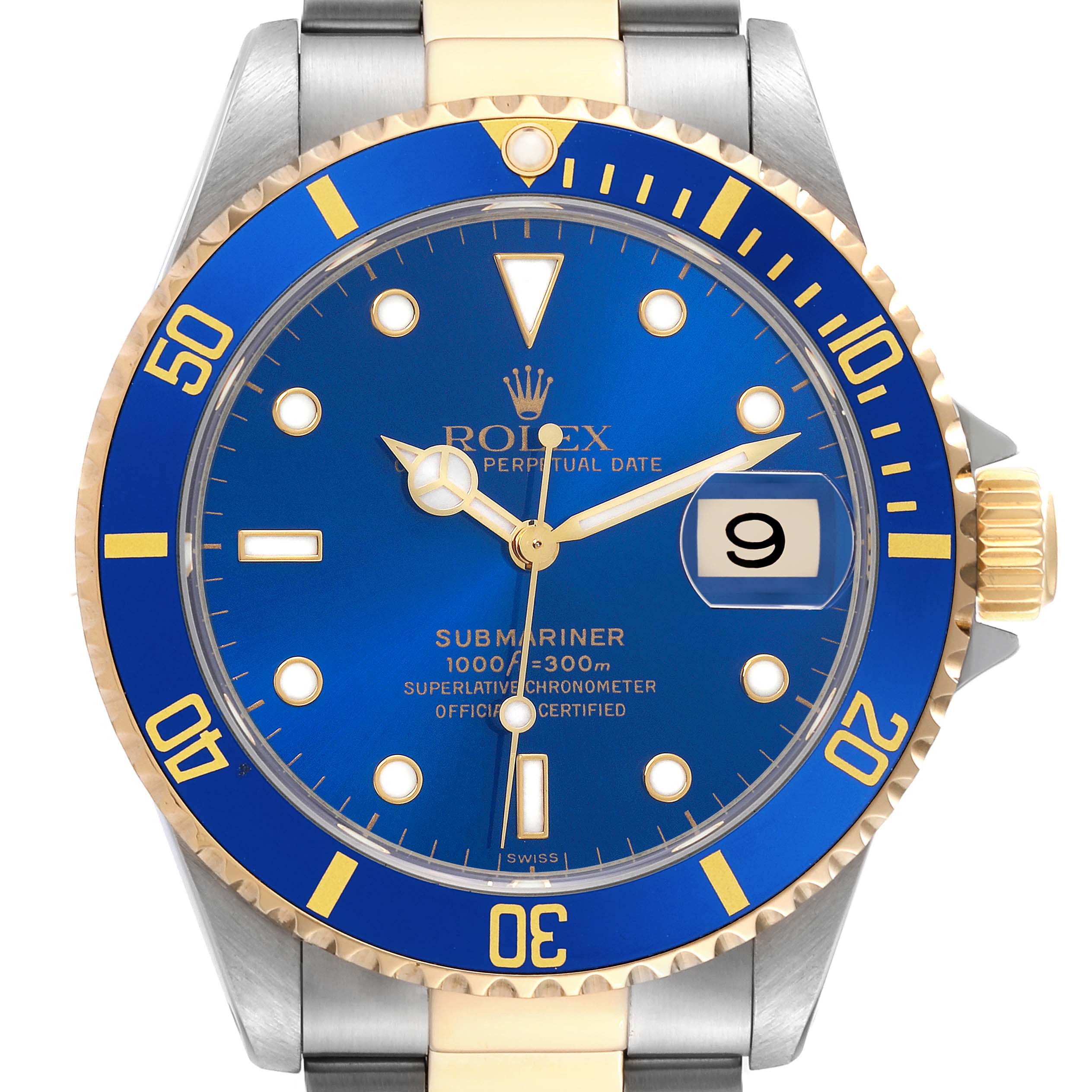The Rolex Submariner 16613 Men's Steel and Gold (two tone) Blue Dial 16613 Men's Steel and Gold (two tone) Blue Dial watch is shown from the front, highlighting its blue bezel, dial, and gold crown.