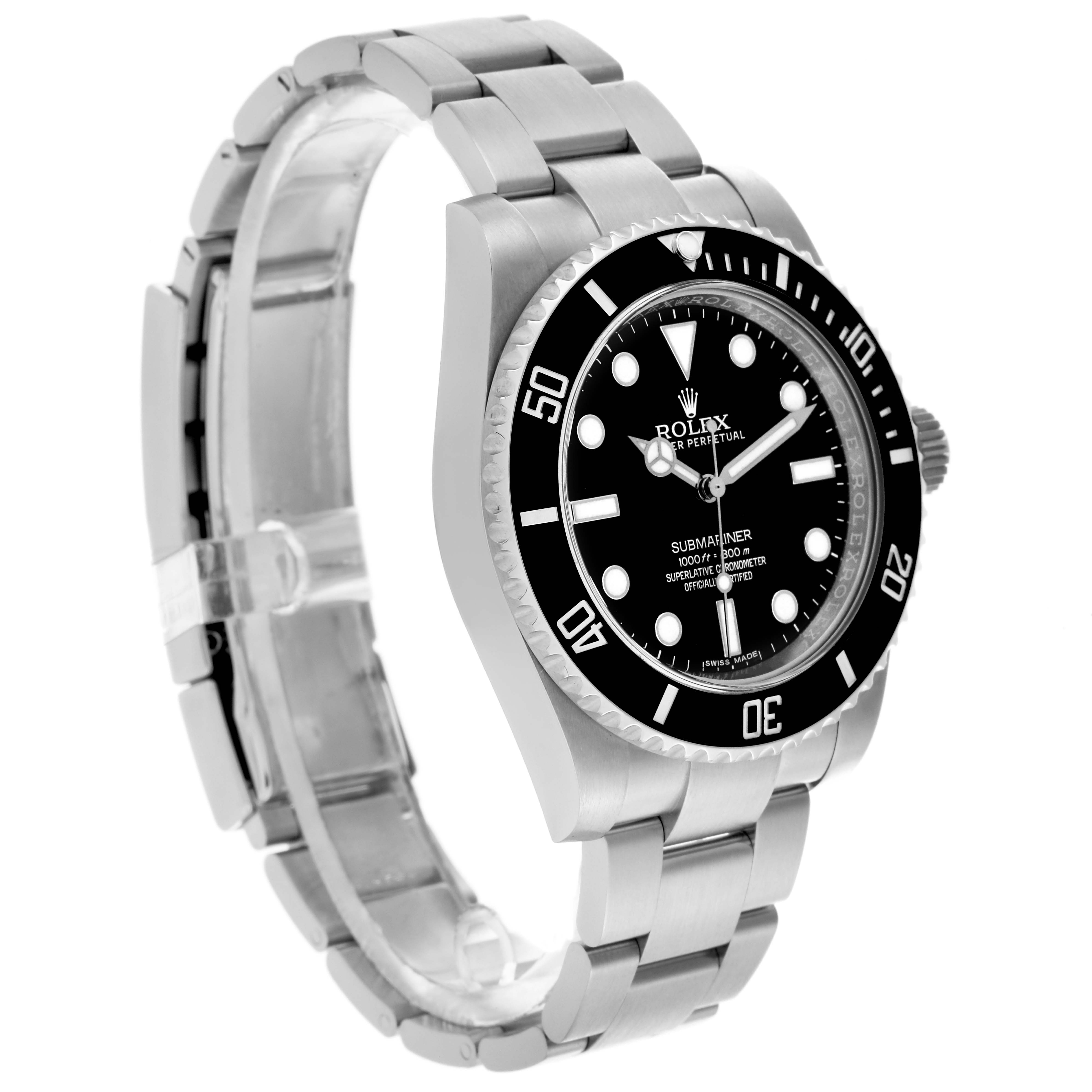 The Rolex Submariner 114060 Men
s Stainless Steel Black Dial 114060 Men
s Stainless Steel Black Dial watch is shown at an angled view highlighting the face, bezel, and bracelet.