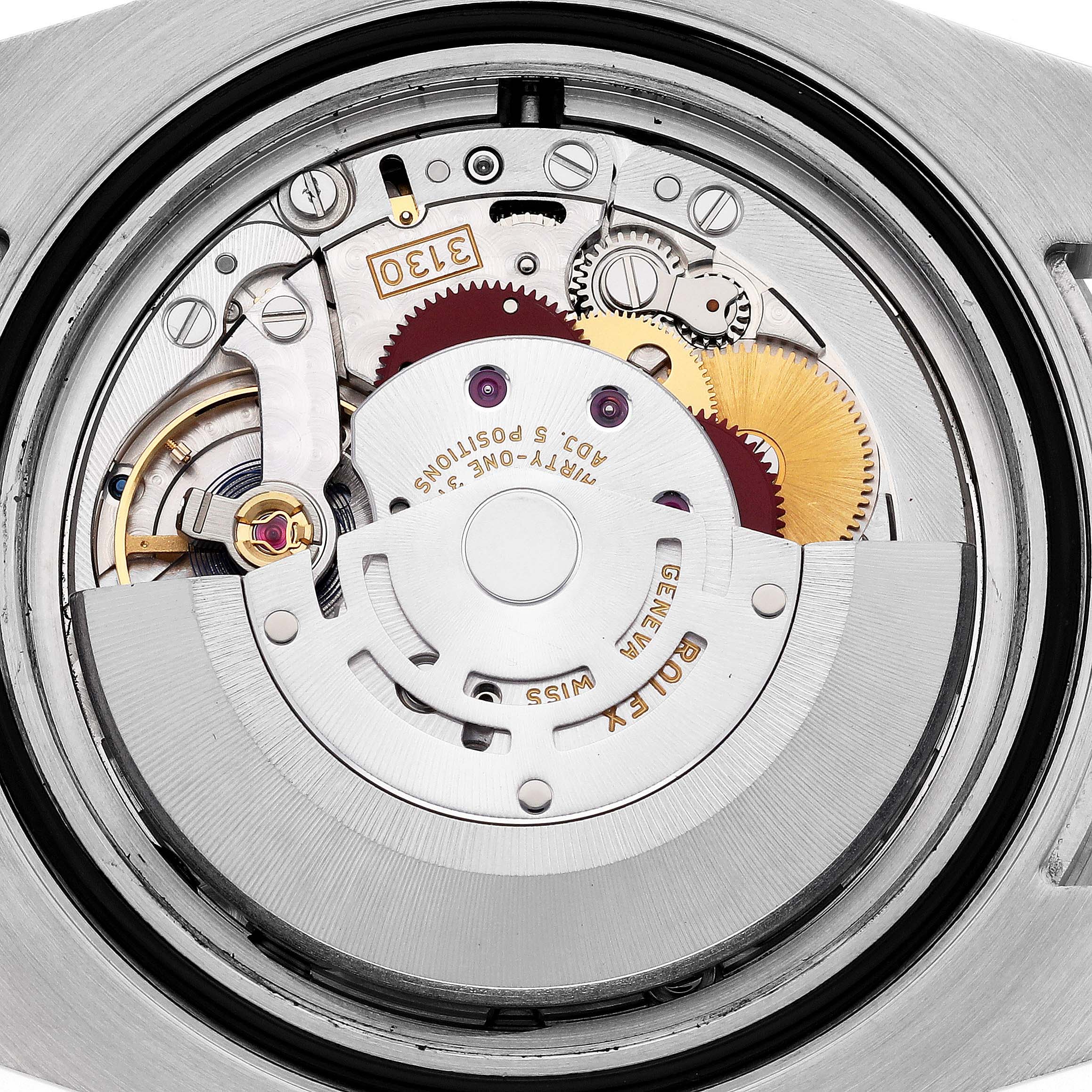 This image shows the internal mechanical movement of a Rolex Submariner 114060 Men
s Stainless Steel Black Dial 114060 Men
s Stainless Steel Black Dial watch from a top-down angle.