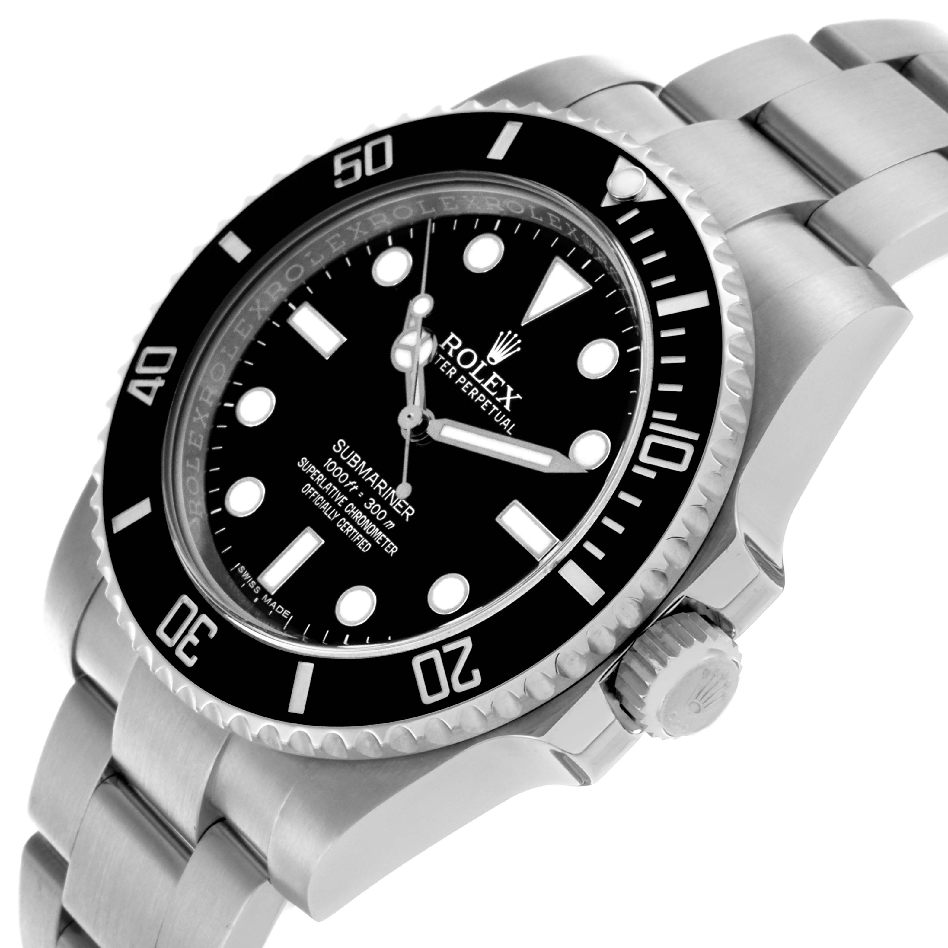 The Rolex Submariner 114060 Men
s Stainless Steel Black Dial 114060 Men
s Stainless Steel Black Dial watch is shown at a slight side angle, displaying the bezel, dial, case, and part of the bracelet.