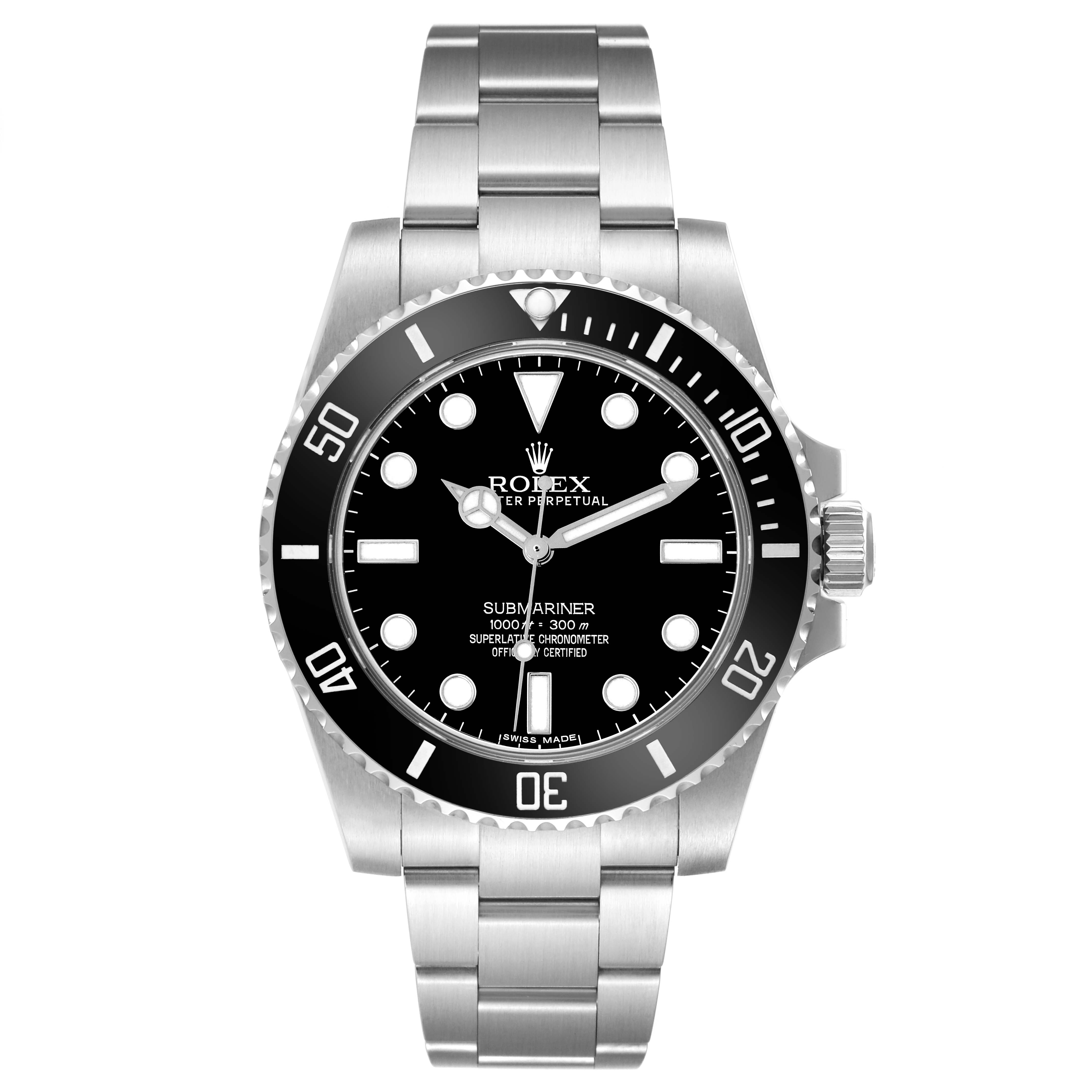 The Rolex Submariner 114060 Men
s Stainless Steel Black Dial 114060 Men
s Stainless Steel Black Dial is shown from the front, highlighting its face, bezel, and bracelet.