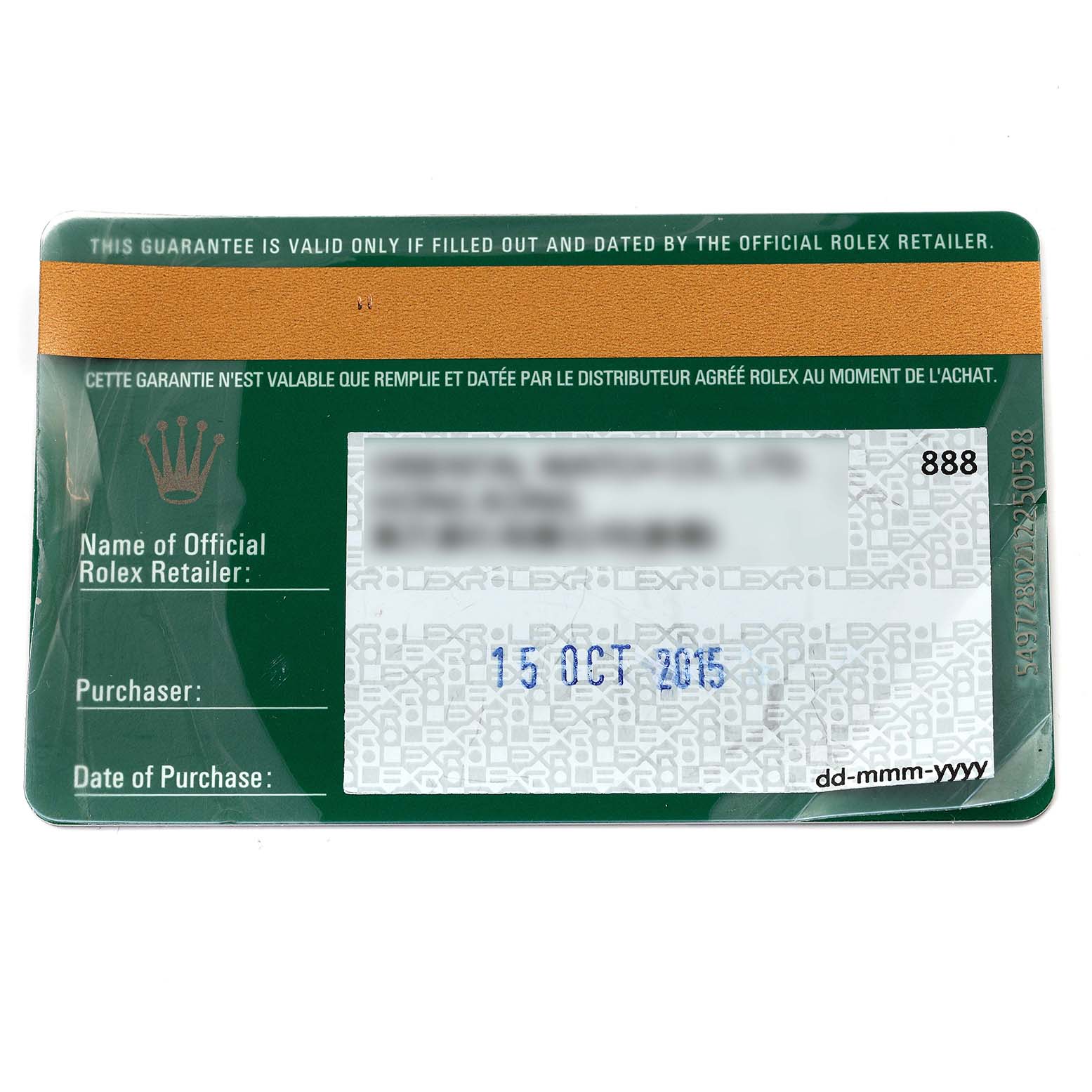 The image shows a warranty card for a Rolex Submariner 114060 Men
s Stainless Steel Black Dial 114060 Men
s Stainless Steel Black Dial watch, displaying retailer and purchase details.