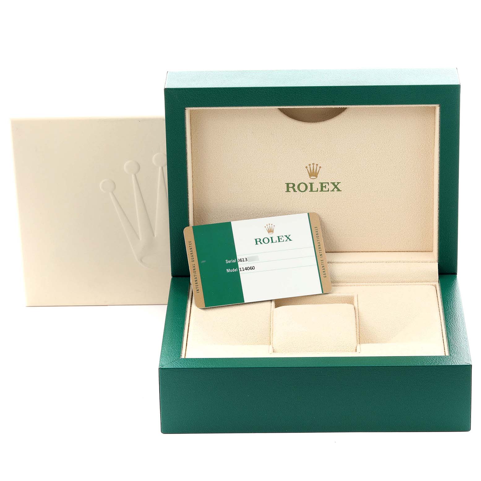 The image shows a Rolex Submariner 114060 Men
s Stainless Steel Black Dial 114060 Men
s Stainless Steel Black Dial box, interior, and certification card from a frontal angle.