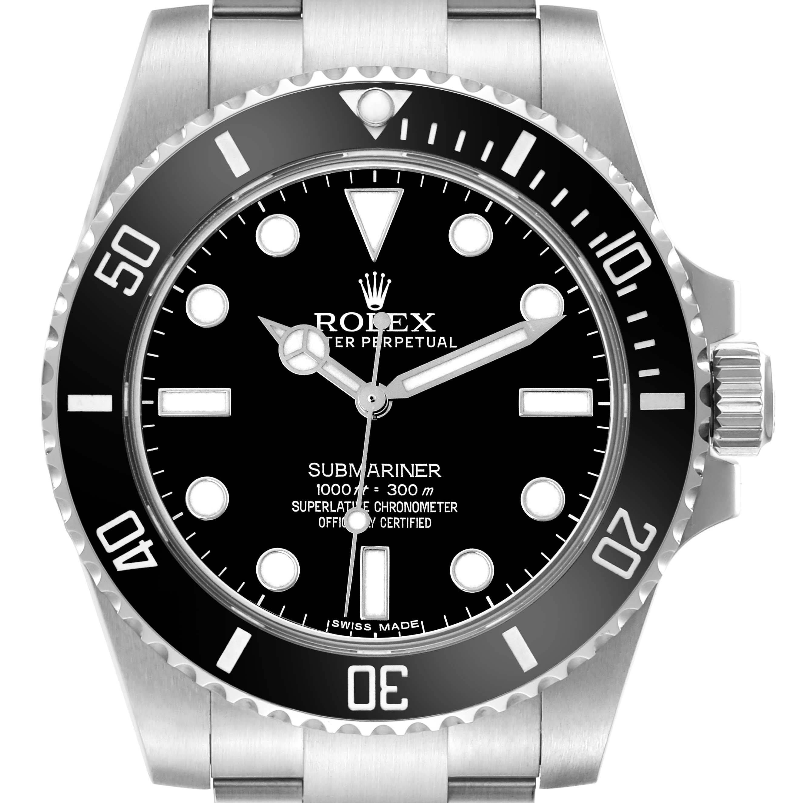 The image shows a front view of a Rolex Submariner 114060 Men
s Stainless Steel Black Dial 114060 Men
s Stainless Steel Black Dial watch, displaying the dial, bezel, and crown.