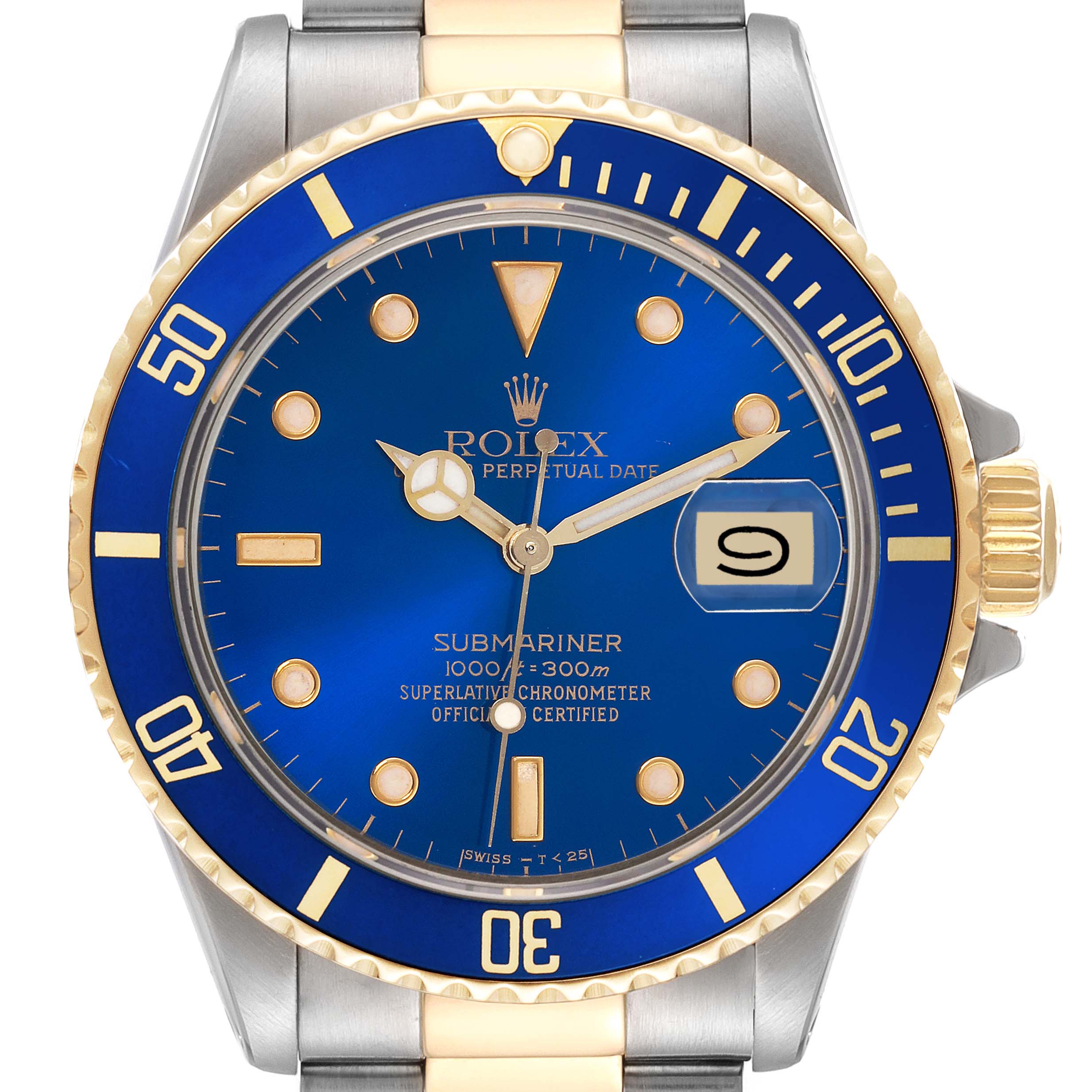 The image shows a frontal view of a Rolex Submariner 16803 Men's Steel and Gold (two tone) Blue Dial 16803 Men's Steel and Gold (two tone) Blue Dial, highlighting the bezel, dial, and crown.