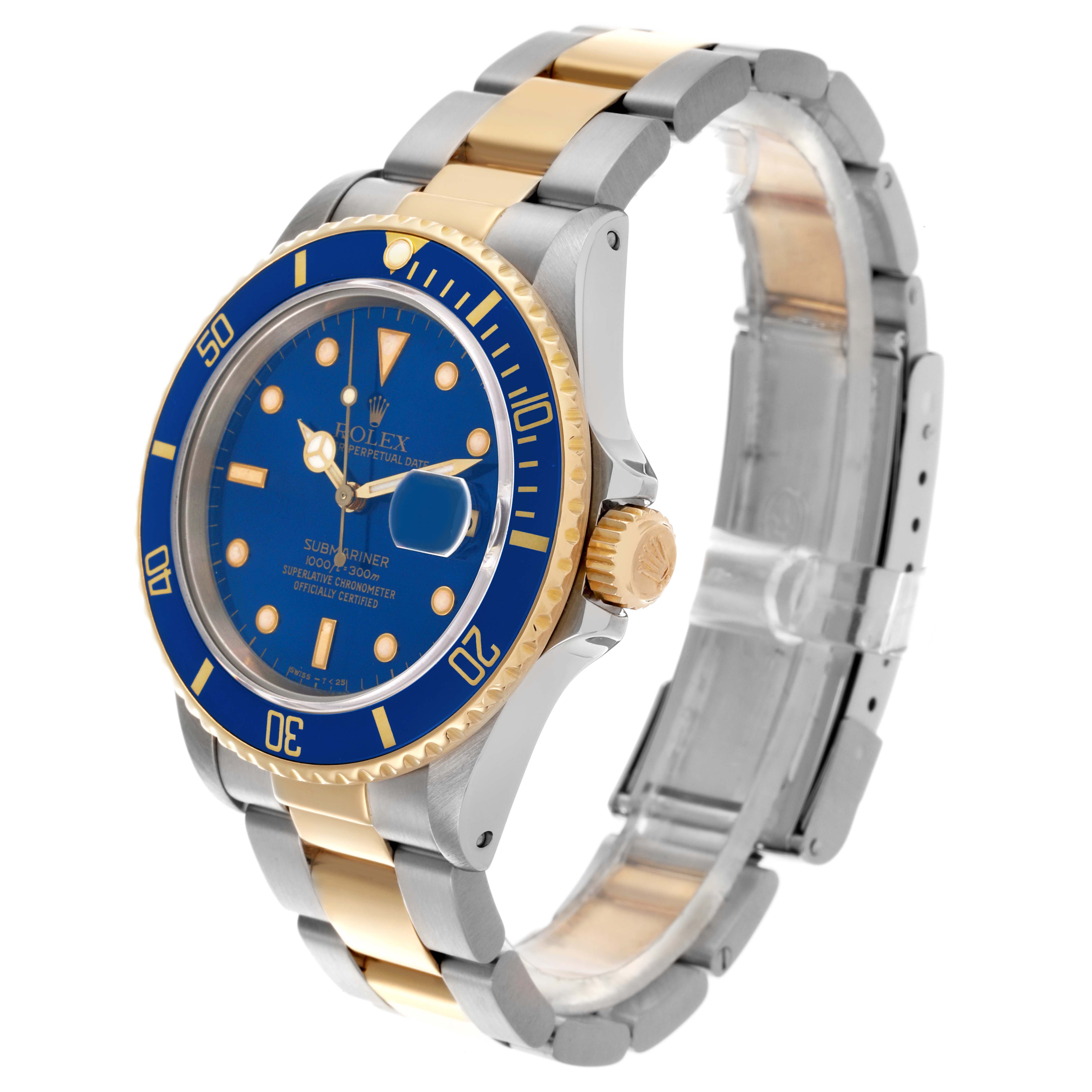 The Rolex Submariner 16803 Men's Steel and Gold (two tone) Blue Dial 16803 Men's Steel and Gold (two tone) Blue Dial watch is shown at a slightly angled side view, displaying the bezel, dial, and bracelet.