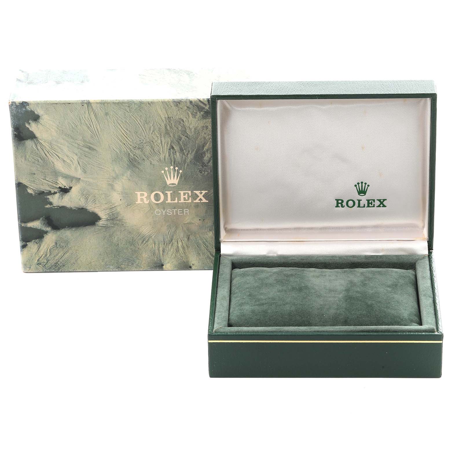 The image shows a closed and open Rolex Submariner 16803 Men's Steel and Gold (two tone) Blue Dial 16803 Men's Steel and Gold (two tone) Blue Dial watch box with branding visible.