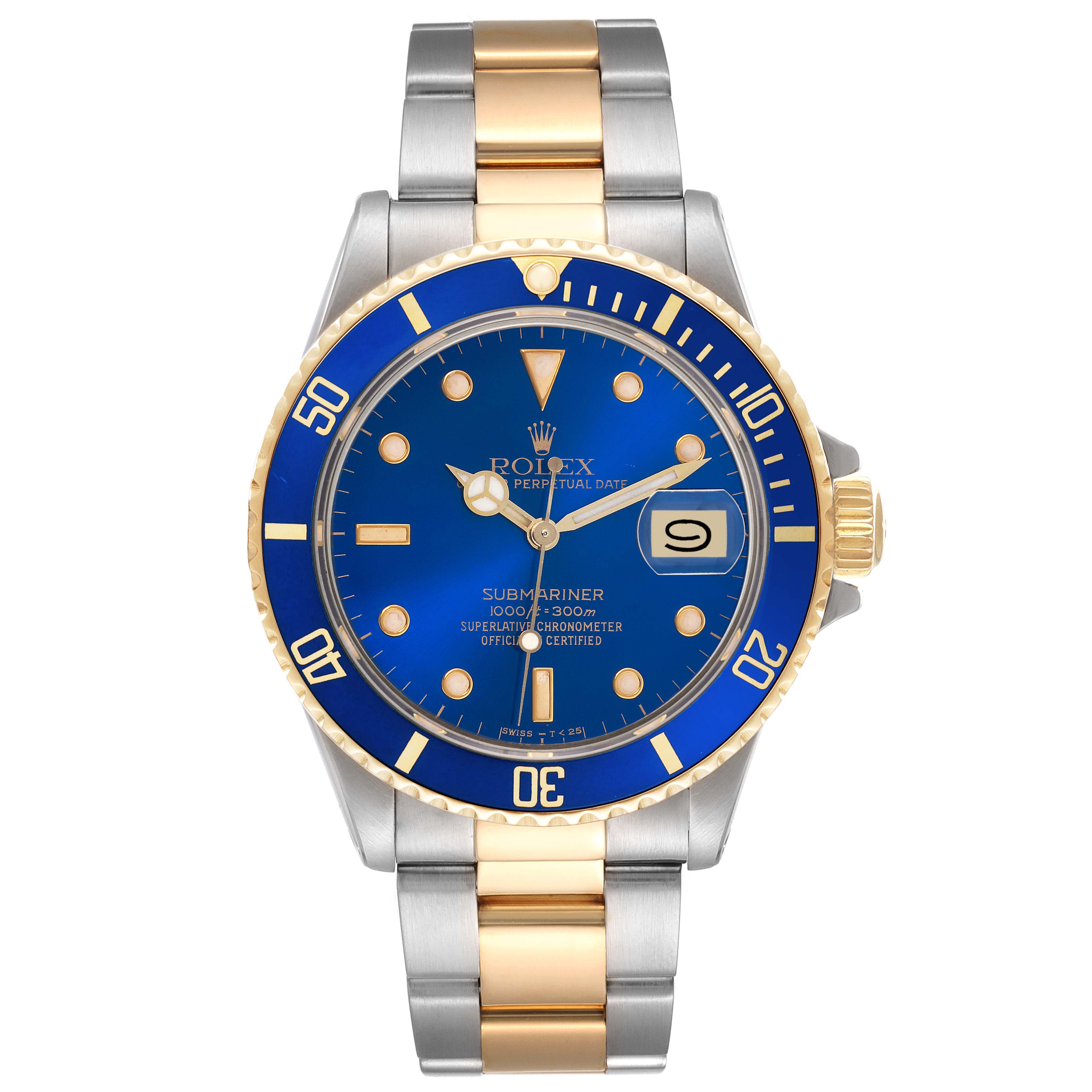 The Rolex Submariner 16803 Men's Steel and Gold (two tone) Blue Dial 16803 Men's Steel and Gold (two tone) Blue Dial watch is shown from the front, displaying its face, bezel, and bracelet.
