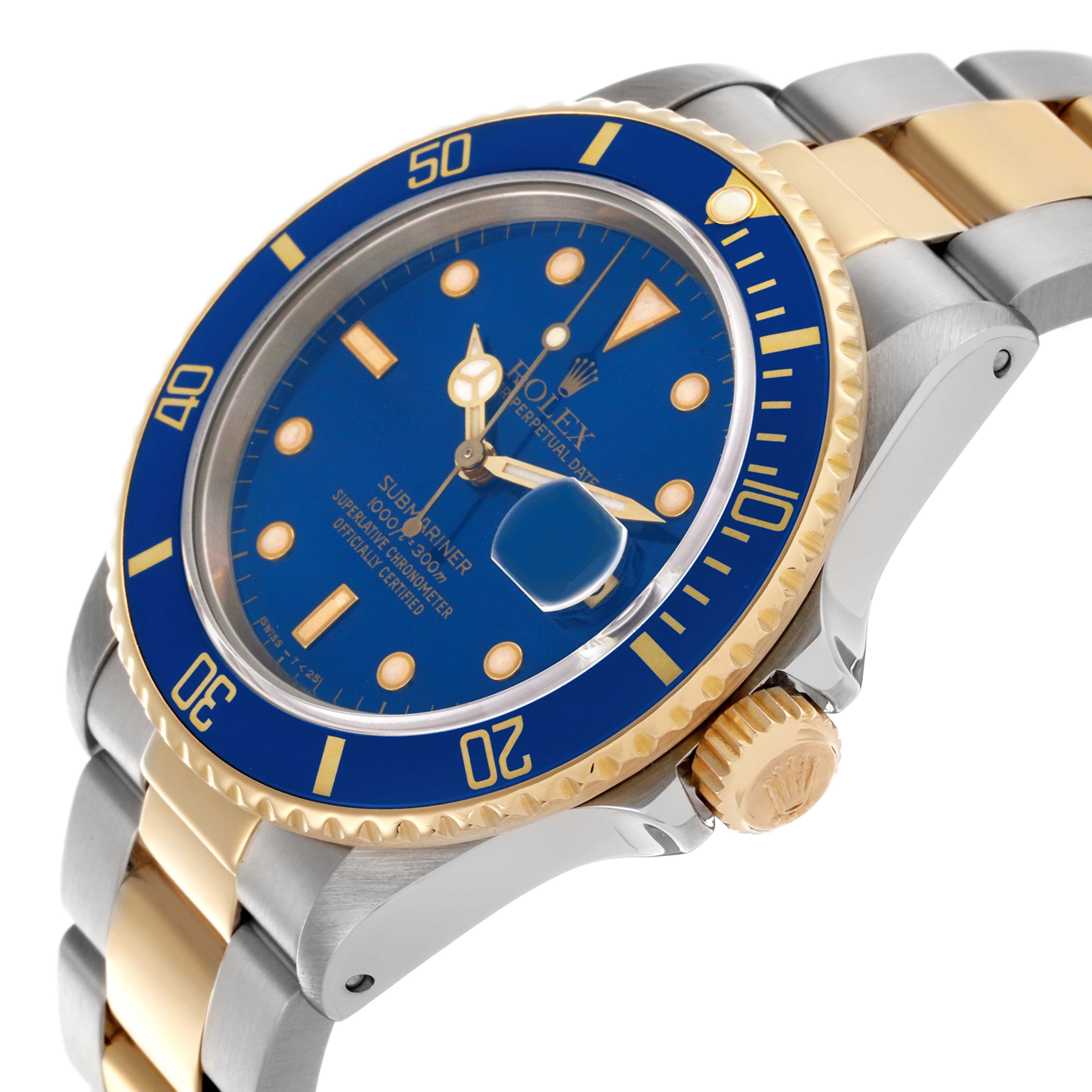 The Rolex Submariner 16803 Men's Steel and Gold (two tone) Blue Dial 16803 Men's Steel and Gold (two tone) Blue Dial watch is shown at an angled side view, highlighting the blue dial, gold bezel, and two-tone bracelet.