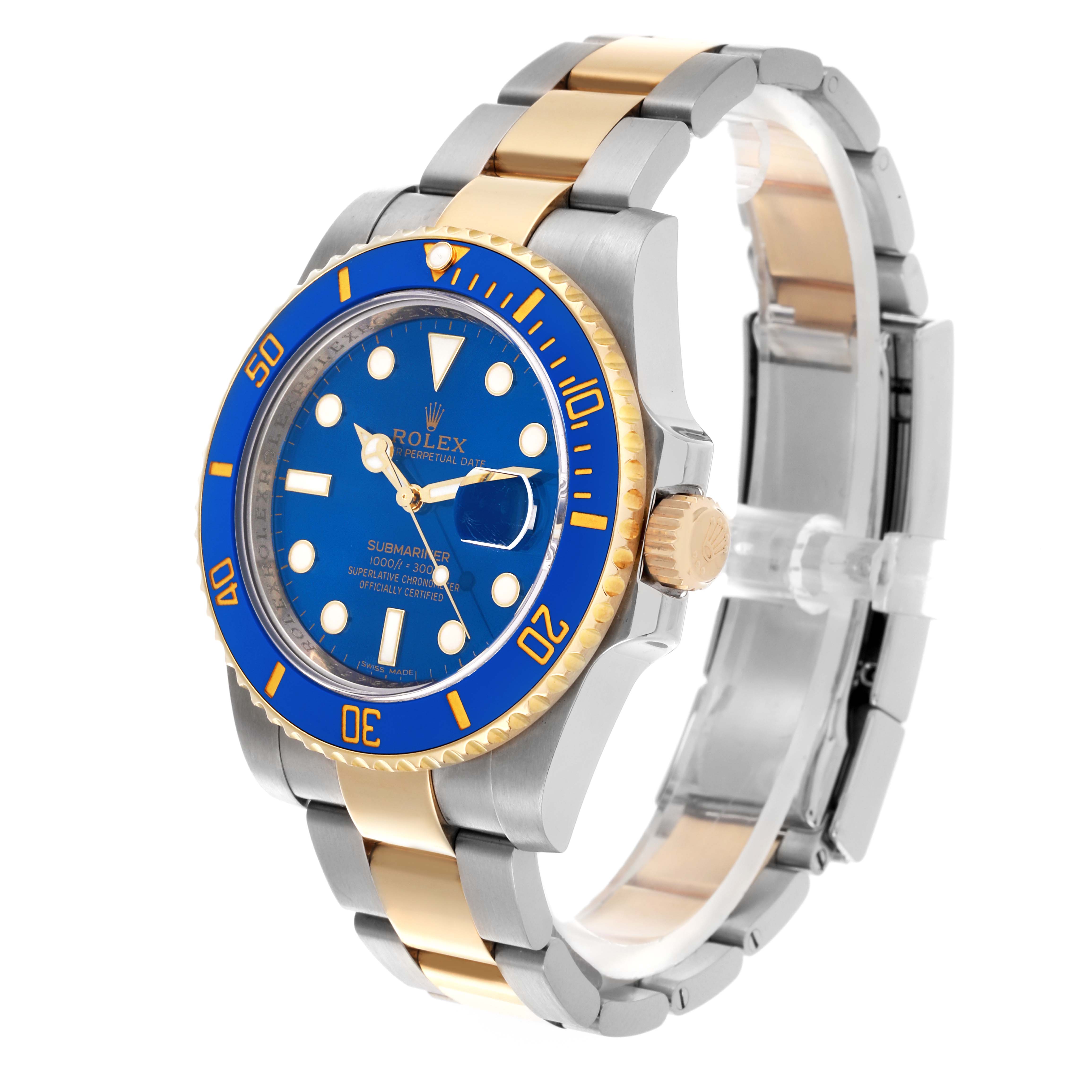The Rolex Submariner 116613LB Men's Steel and Gold (two tone) Blue Dial 116613LB Men's Steel and Gold (two tone) Blue Dial watch is shown at a slight angle, displaying its blue dial, gold bezel, and two-tone bracelet.