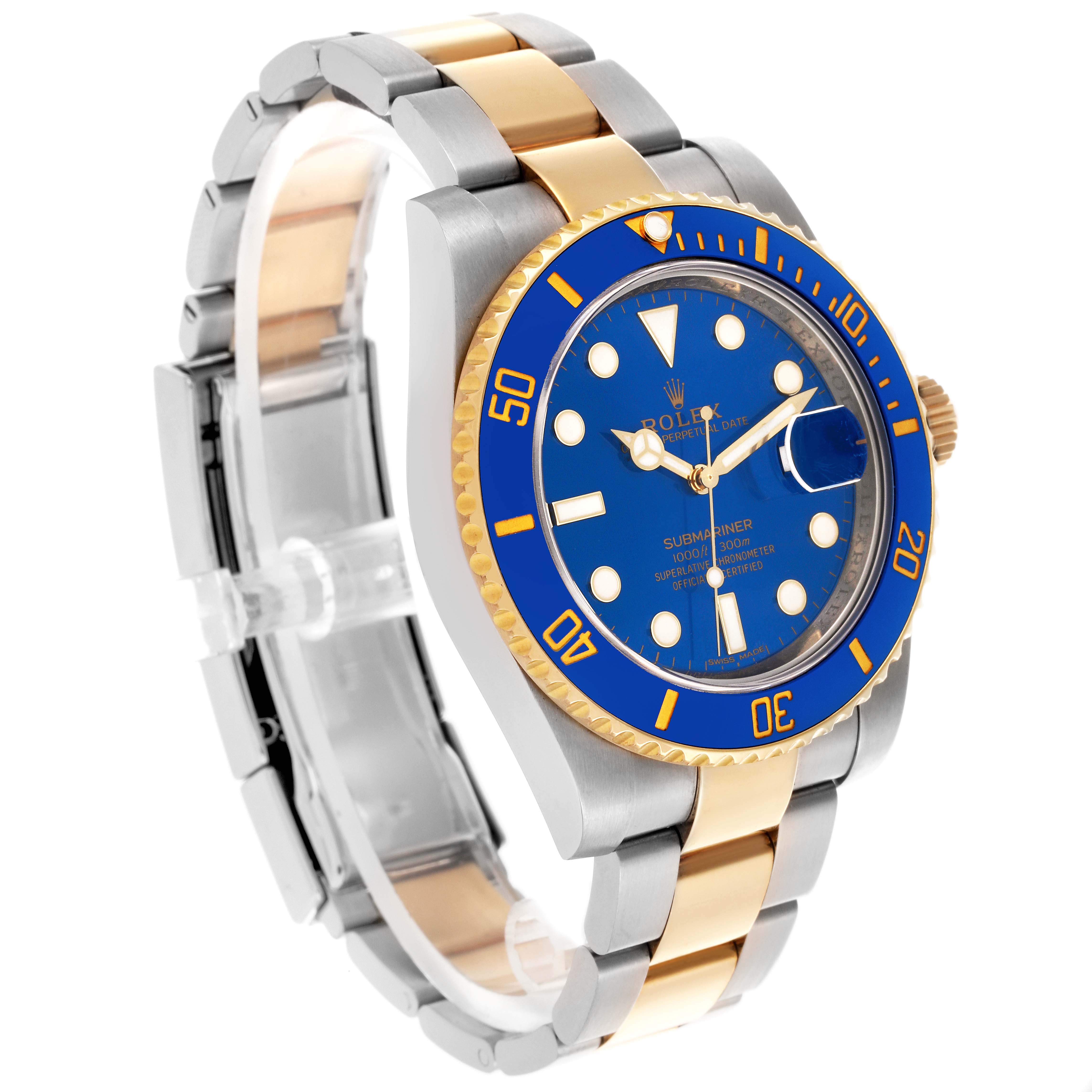 The Rolex Submariner 116613LB Men's Steel and Gold (two tone) Blue Dial 116613LB Men's Steel and Gold (two tone) Blue Dial watch is shown at an angle highlighting the blue bezel, dial, and two-tone bracelet.