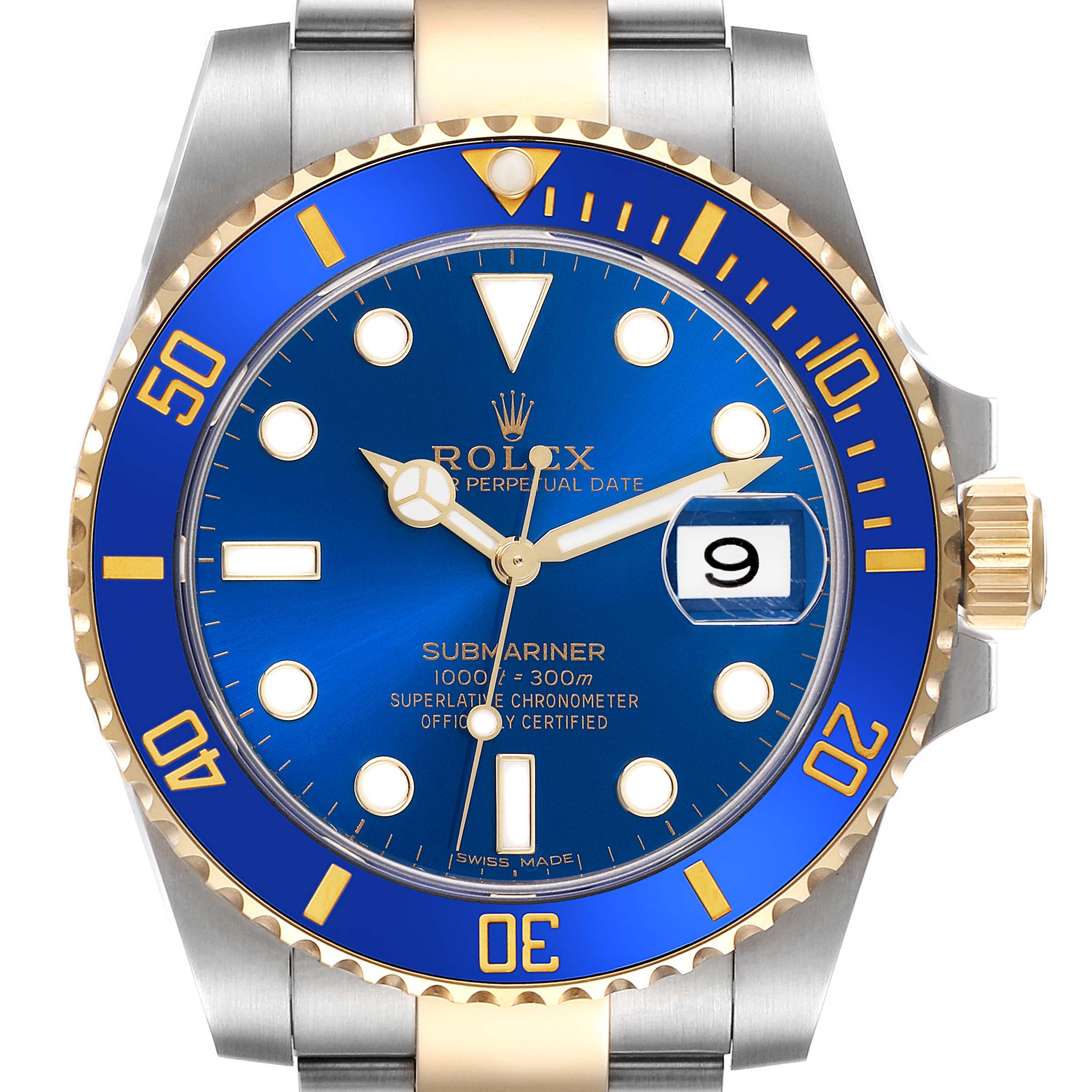 The image displays a front view of the Rolex Submariner 116613LB Men's Steel and Gold (two tone) Blue Dial 116613LB Men's Steel and Gold (two tone) Blue Dial, showing the dial, bezel, crown, and part of the bracelet.