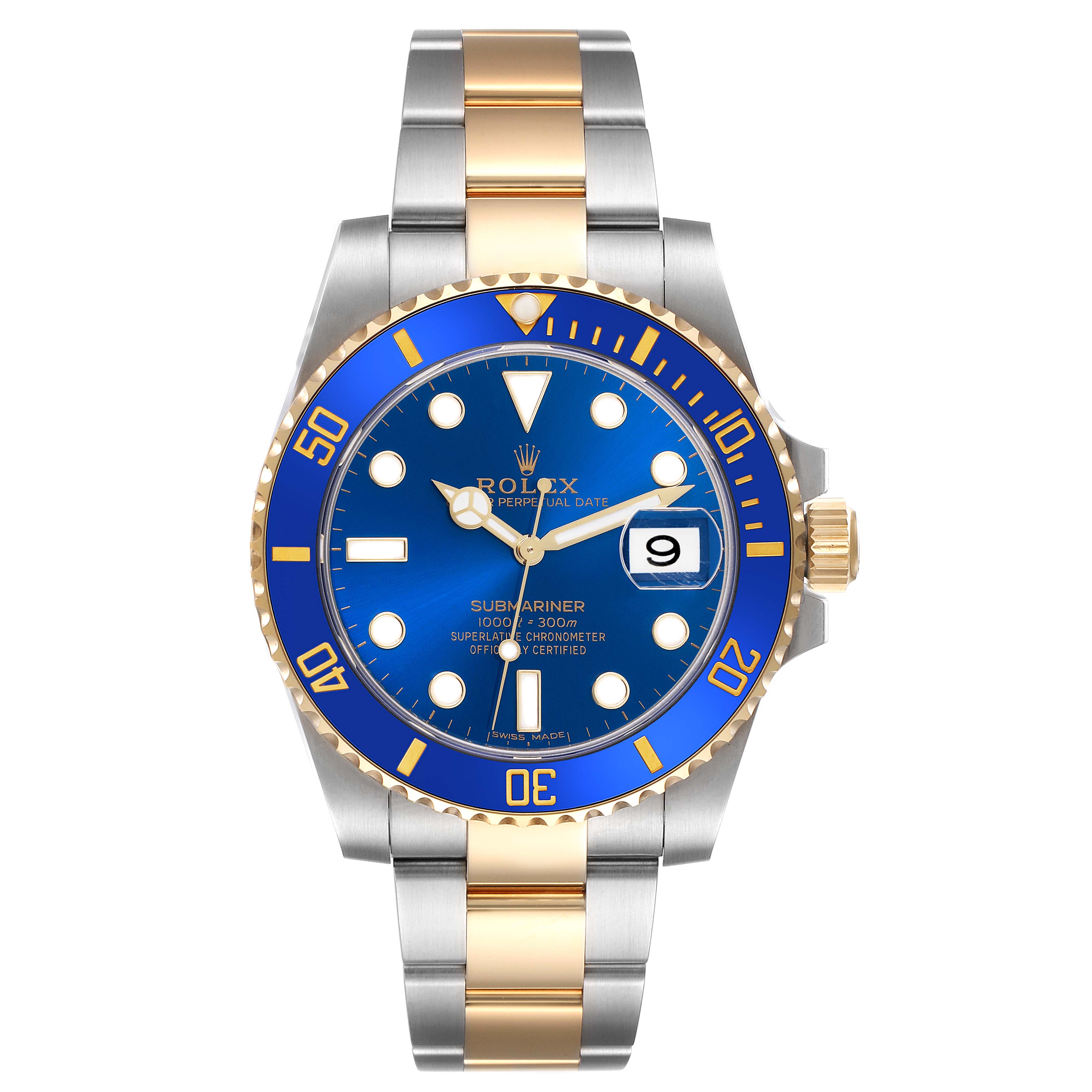 The Rolex Submariner 116613LB Men's Steel and Gold (two tone) Blue Dial 116613LB Men's Steel and Gold (two tone) Blue Dial watch is shown from the front, highlighting the dial, bezel, case, bracelet, and crown.