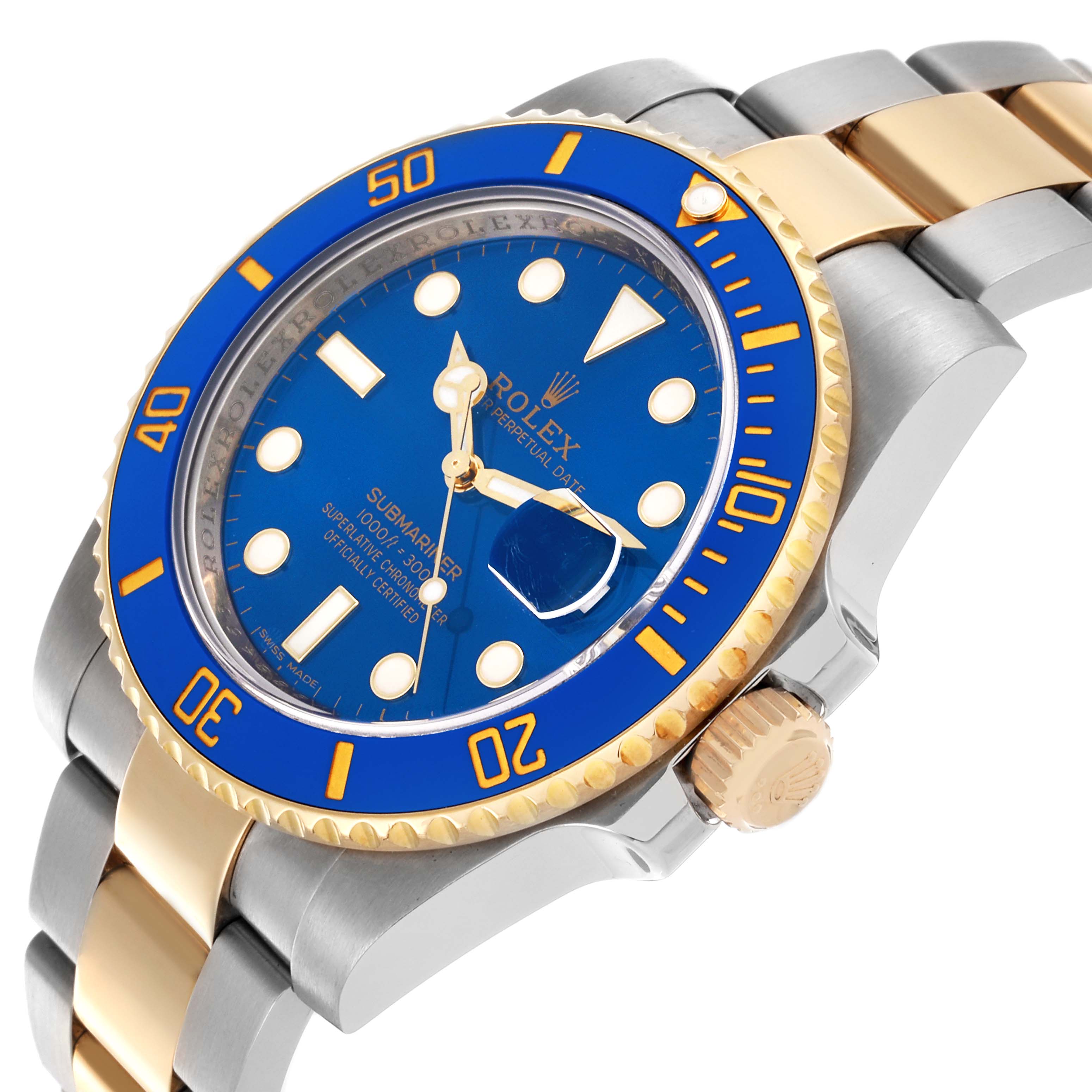 The Rolex Submariner 116613LB Men's Steel and Gold (two tone) Blue Dial 116613LB Men's Steel and Gold (two tone) Blue Dial watch is angled to show the blue dial, bezel, and two-tone bracelet.