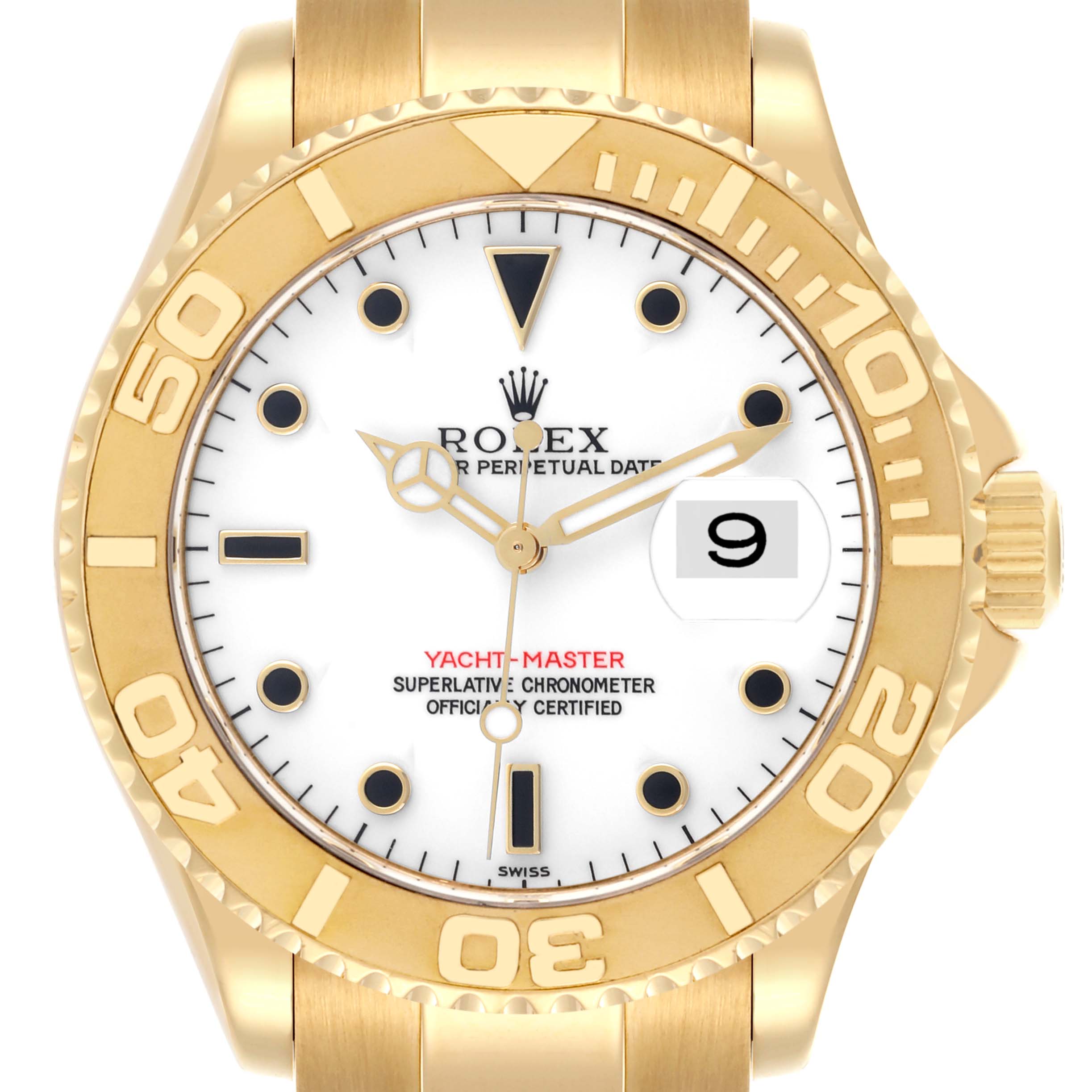 The image shows a front view of the Rolex Yacht-Master 16628 Men's Yellow Gold White Dial 16628 Men's Yellow Gold White Dial watch, highlighting the dial, bezel, and case.
