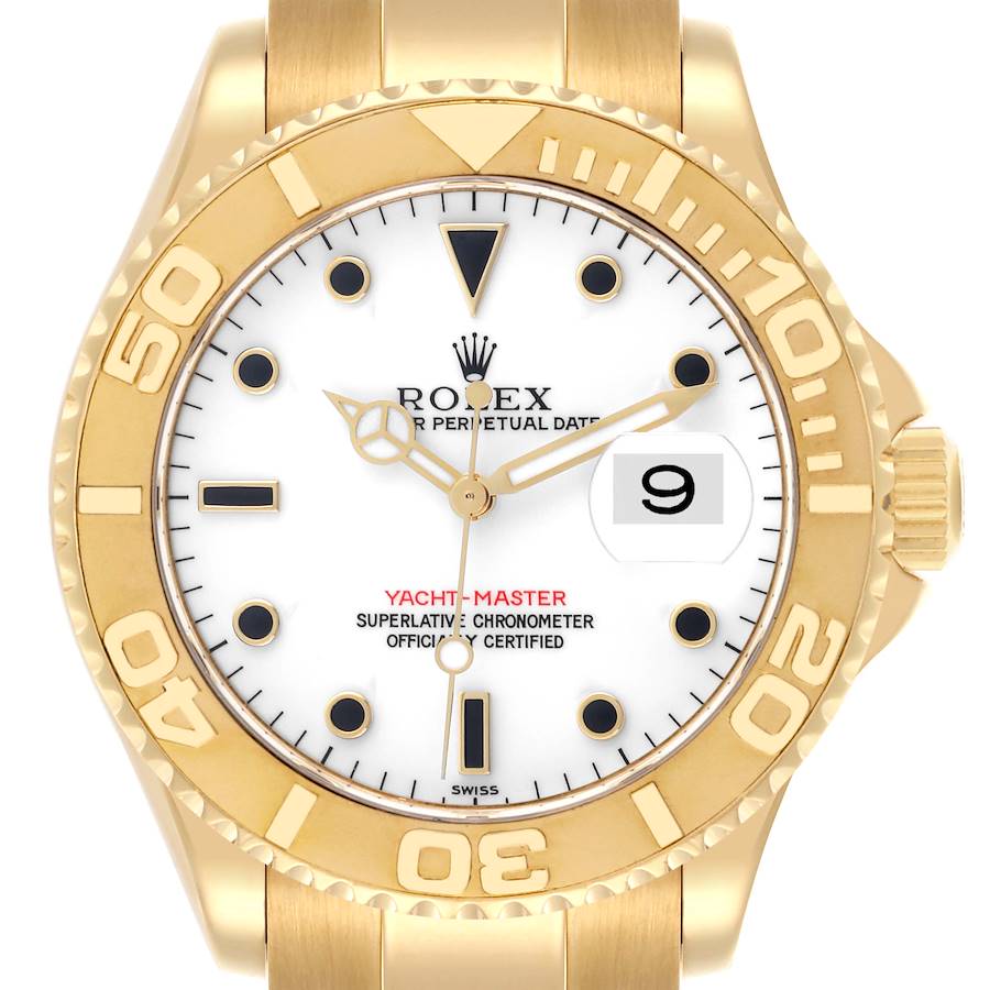 The image shows a front view of the Rolex Yacht-Master watch, highlighting the dial, bezel, and case.