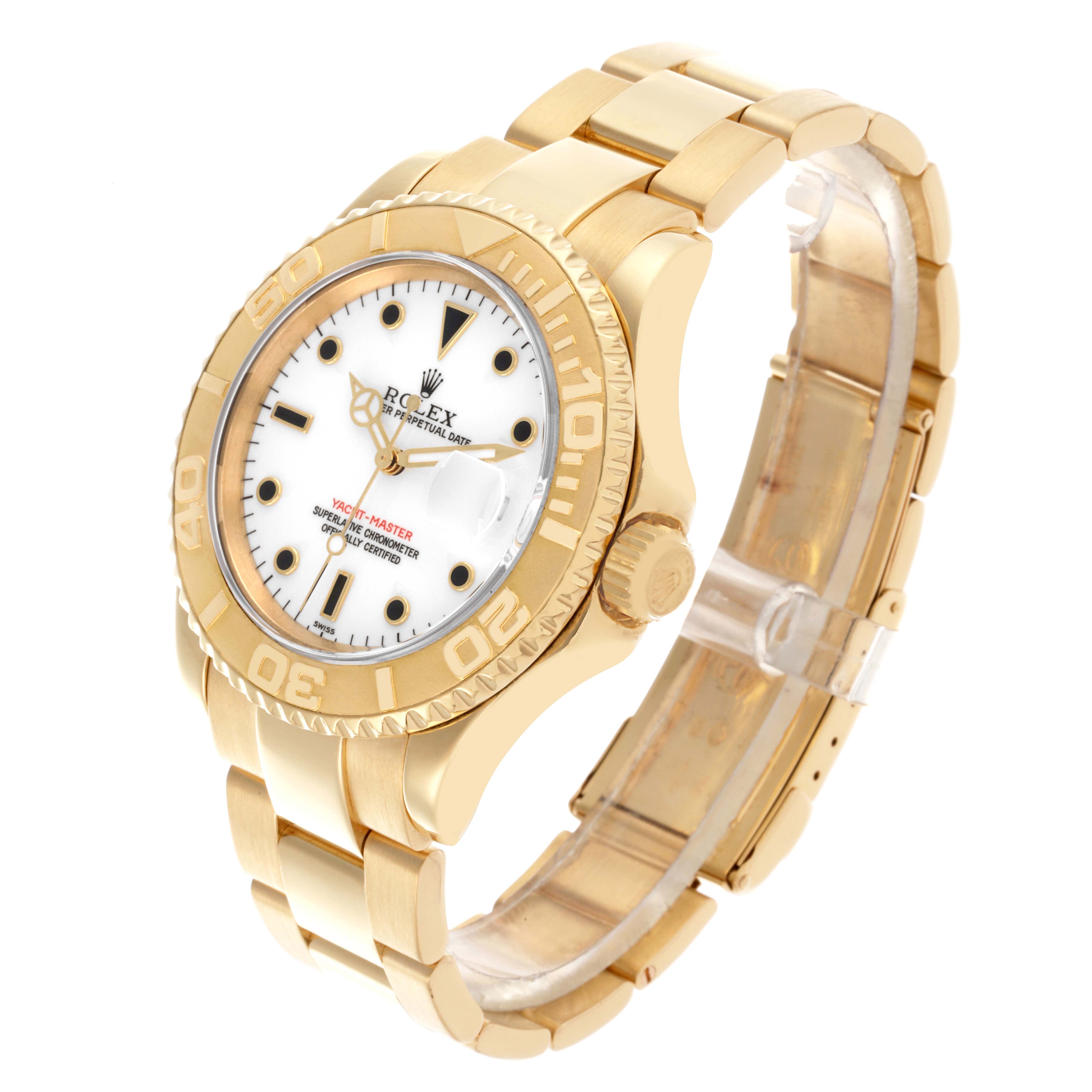 The Rolex Yacht-Master 16628 Men's Yellow Gold White Dial 16628 Men's Yellow Gold White Dial watch is shown from a front angle, displaying the bezel, face, crown, and bracelet.