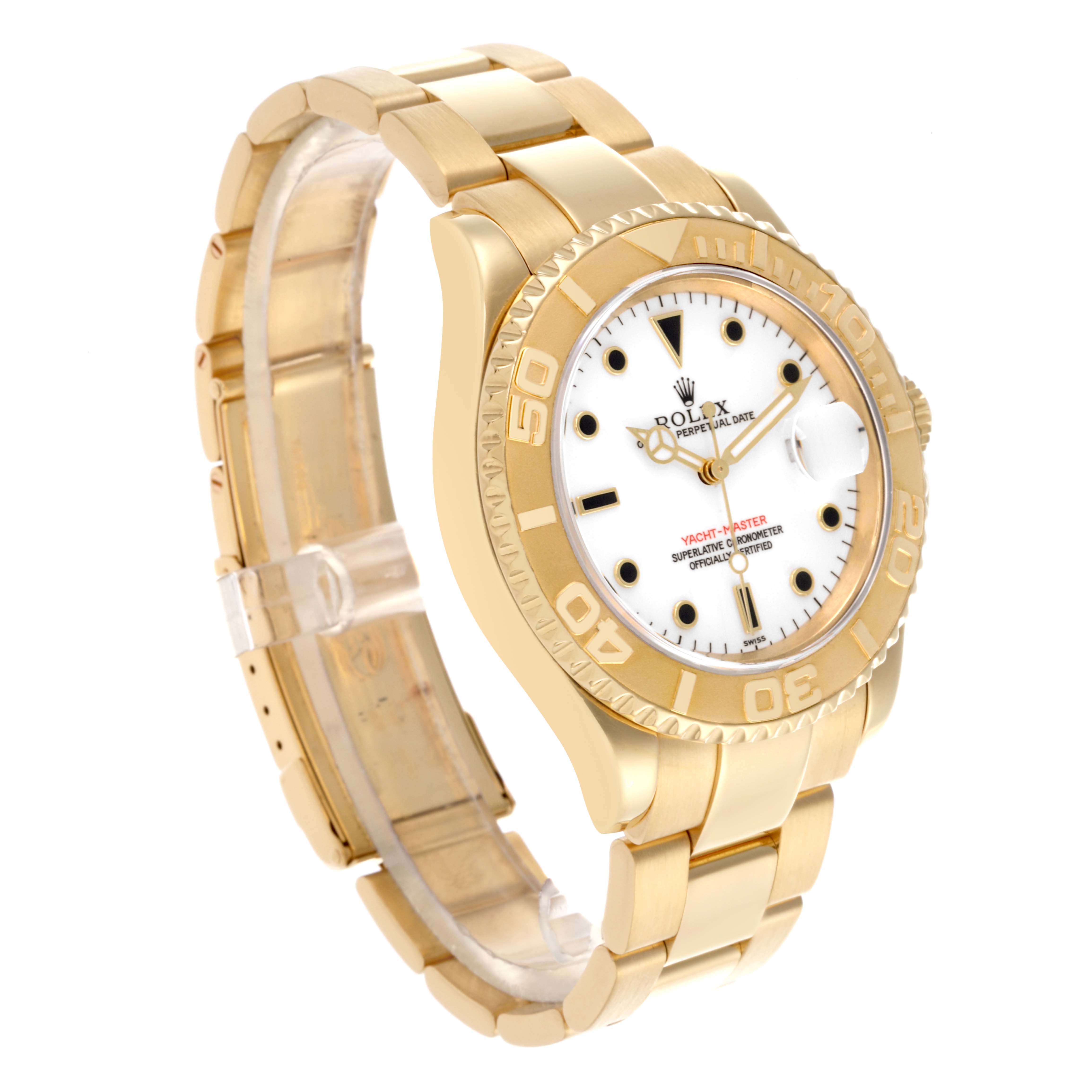 The Rolex Yacht-Master 16628 Men's Yellow Gold White Dial 16628 Men's Yellow Gold White Dial is shown at a slight angle, highlighting the gold case, bezel, face, and bracelet.