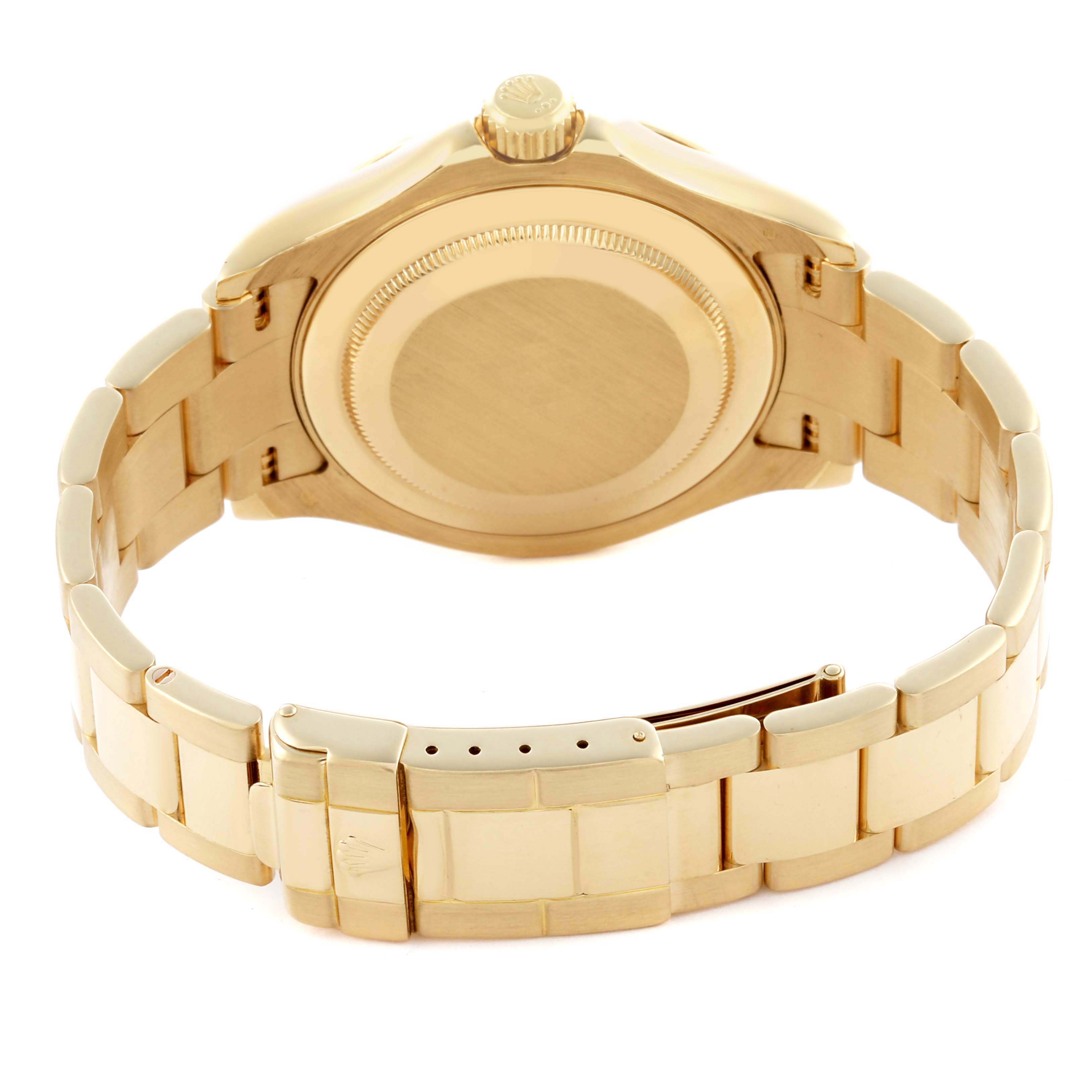 The image shows the back of a Rolex Yacht-Master 16628 Men's Yellow Gold White Dial 16628 Men's Yellow Gold White Dial watch, highlighting the gold case, bracelet, and clasp.