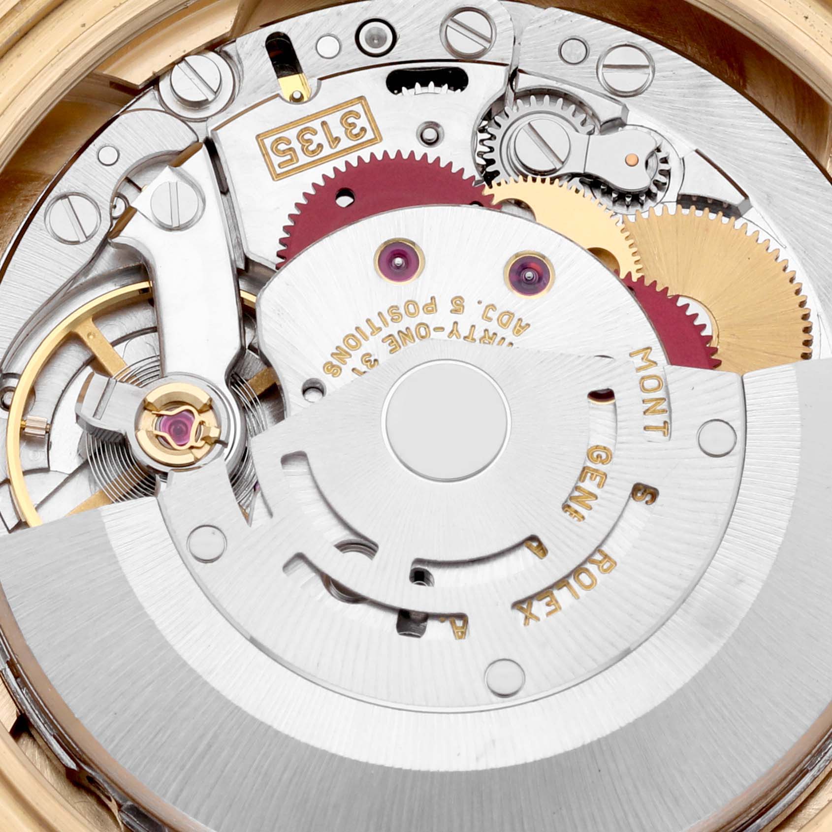 The image shows a close-up of the movement inside the Rolex Yacht-Master 16628 Men's Yellow Gold White Dial 16628 Men's Yellow Gold White Dial, highlighting gears and components.