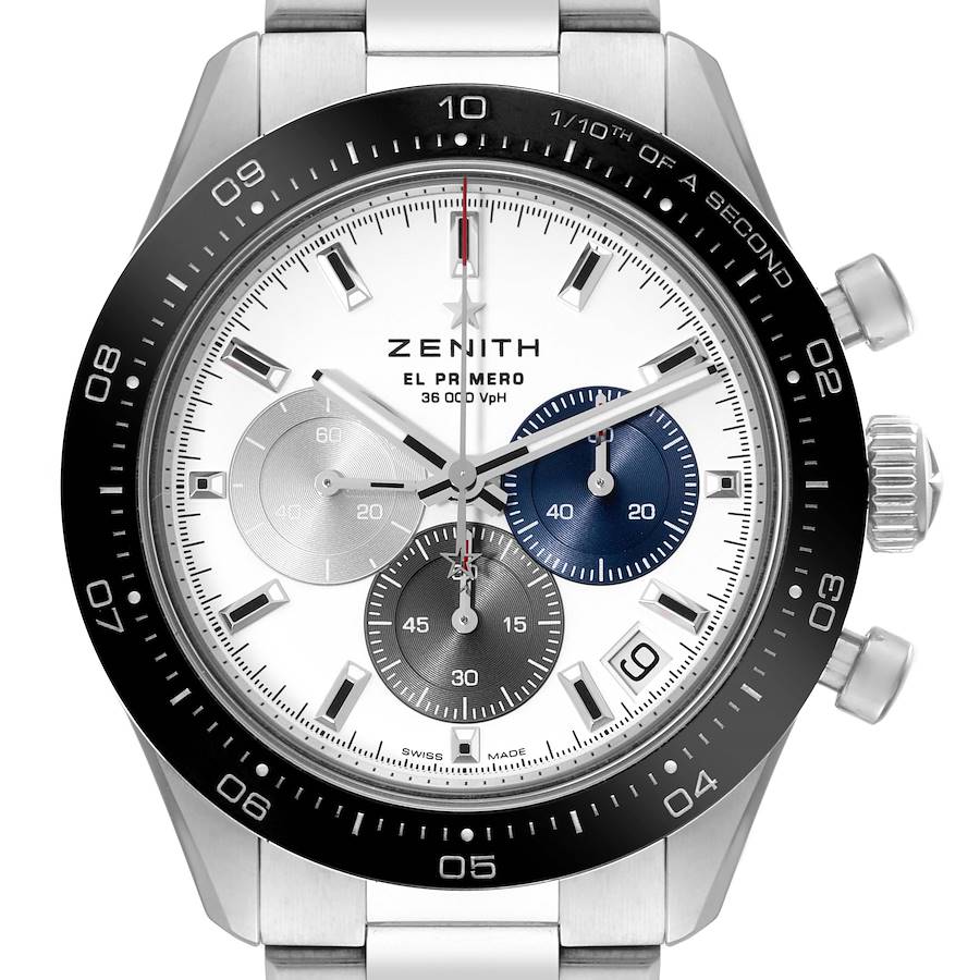 The Zenith Chronomaster watch is shown from the front, displaying the dial, bezel, and pushers.