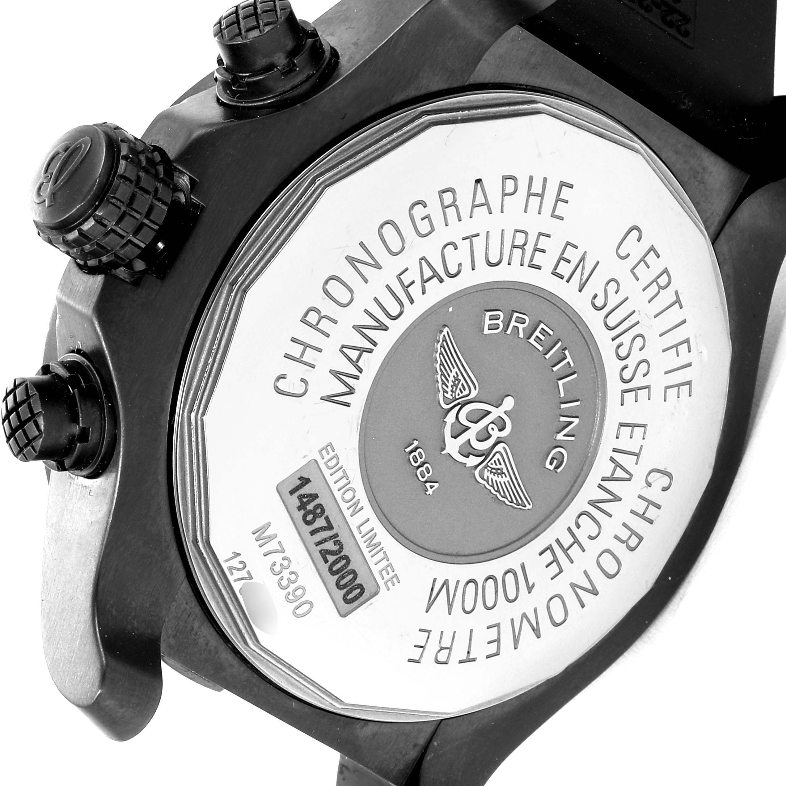 This image shows the back case and chronograph pushers of the Breitling Avenger M73390 Men's Stainless Steel Black Dial M73390 Men's Stainless Steel Black Dial watch.