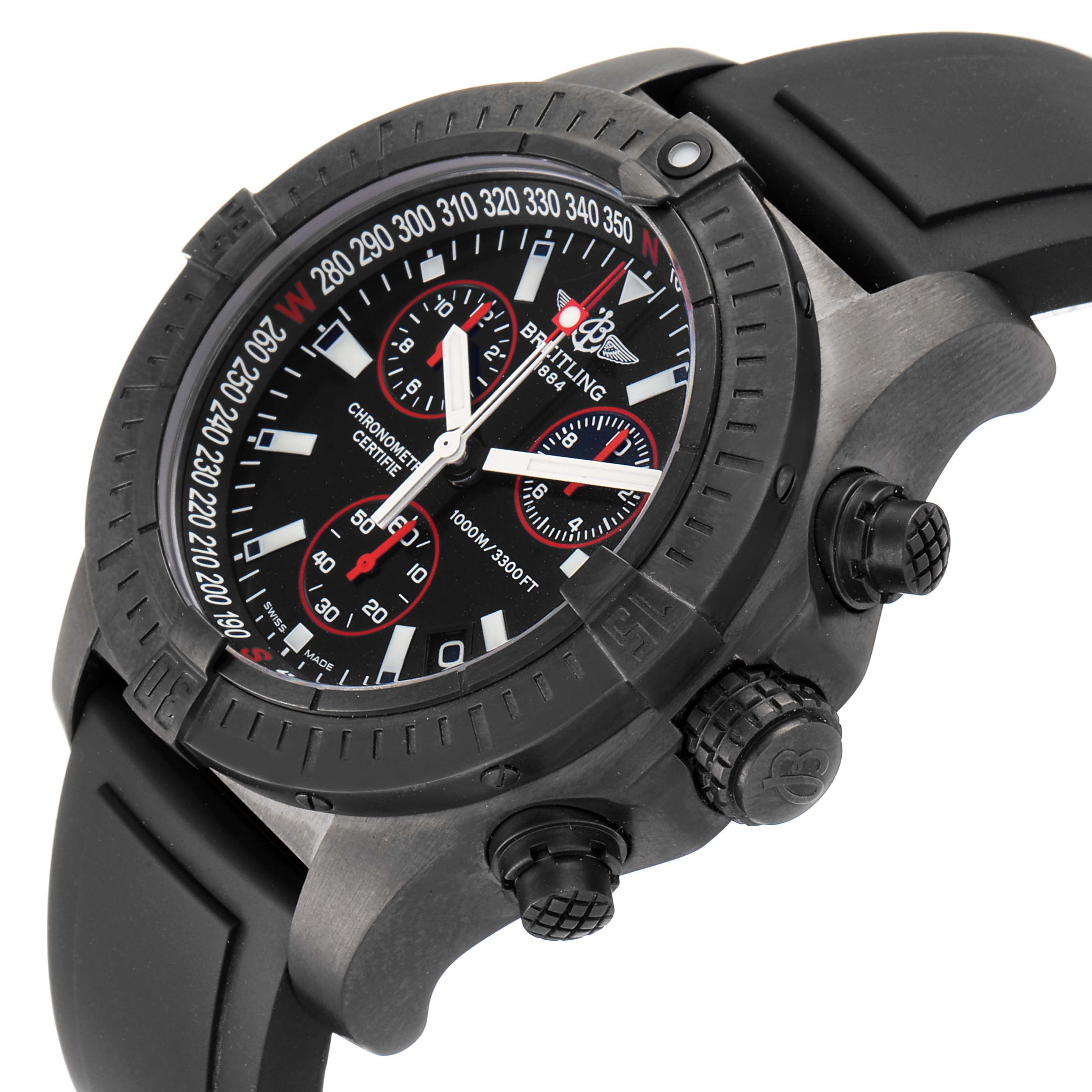 The image shows a side-angle view of a Breitling Avenger M73390 Men's Stainless Steel Black Dial M73390 Men's Stainless Steel Black Dial watch, highlighting the bezel, face, and crown.