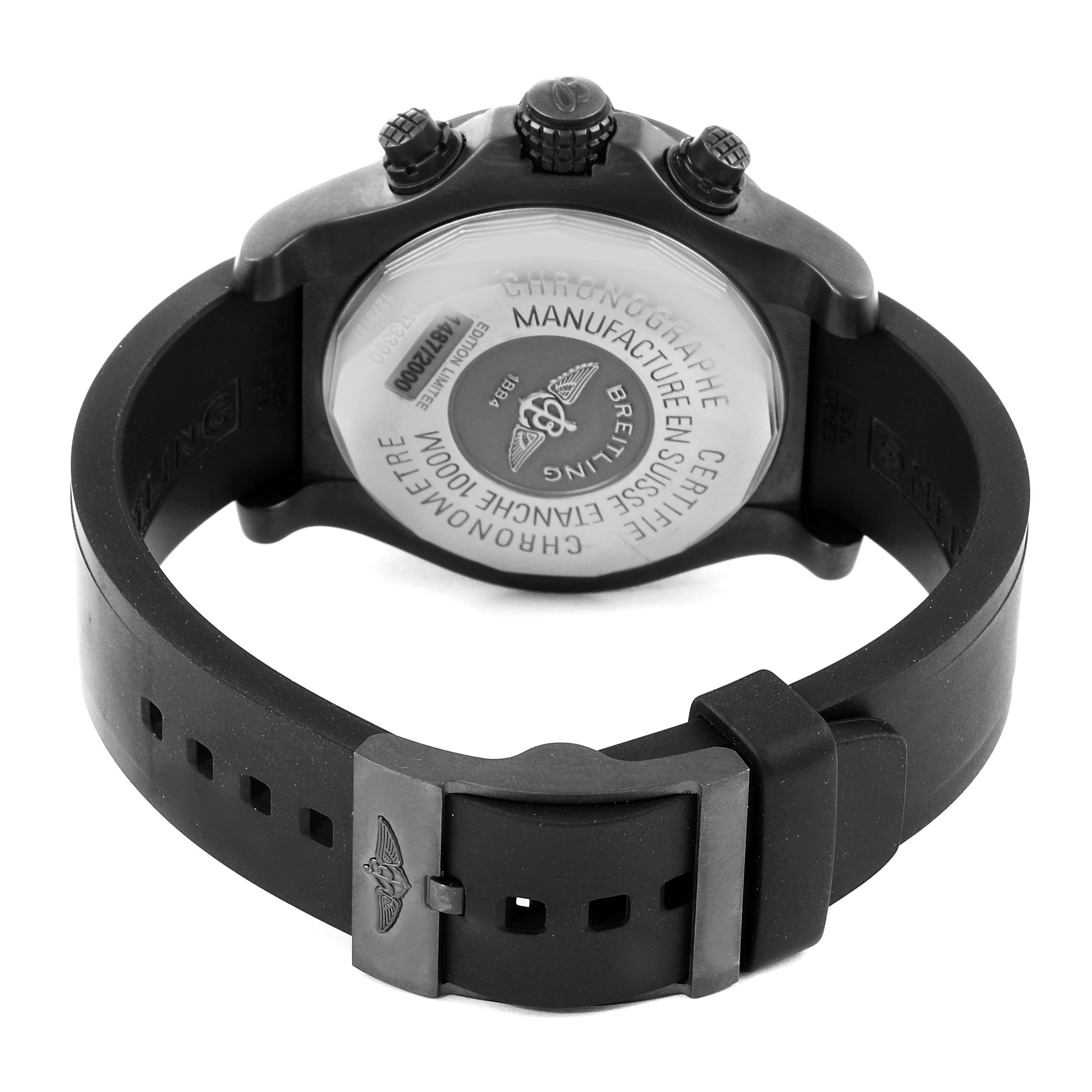 This image shows the back and strap of a Breitling Avenger M73390 Men's Stainless Steel Black Dial M73390 Men's Stainless Steel Black Dial watch, highlighting the case back and black rubber strap with a clasp.