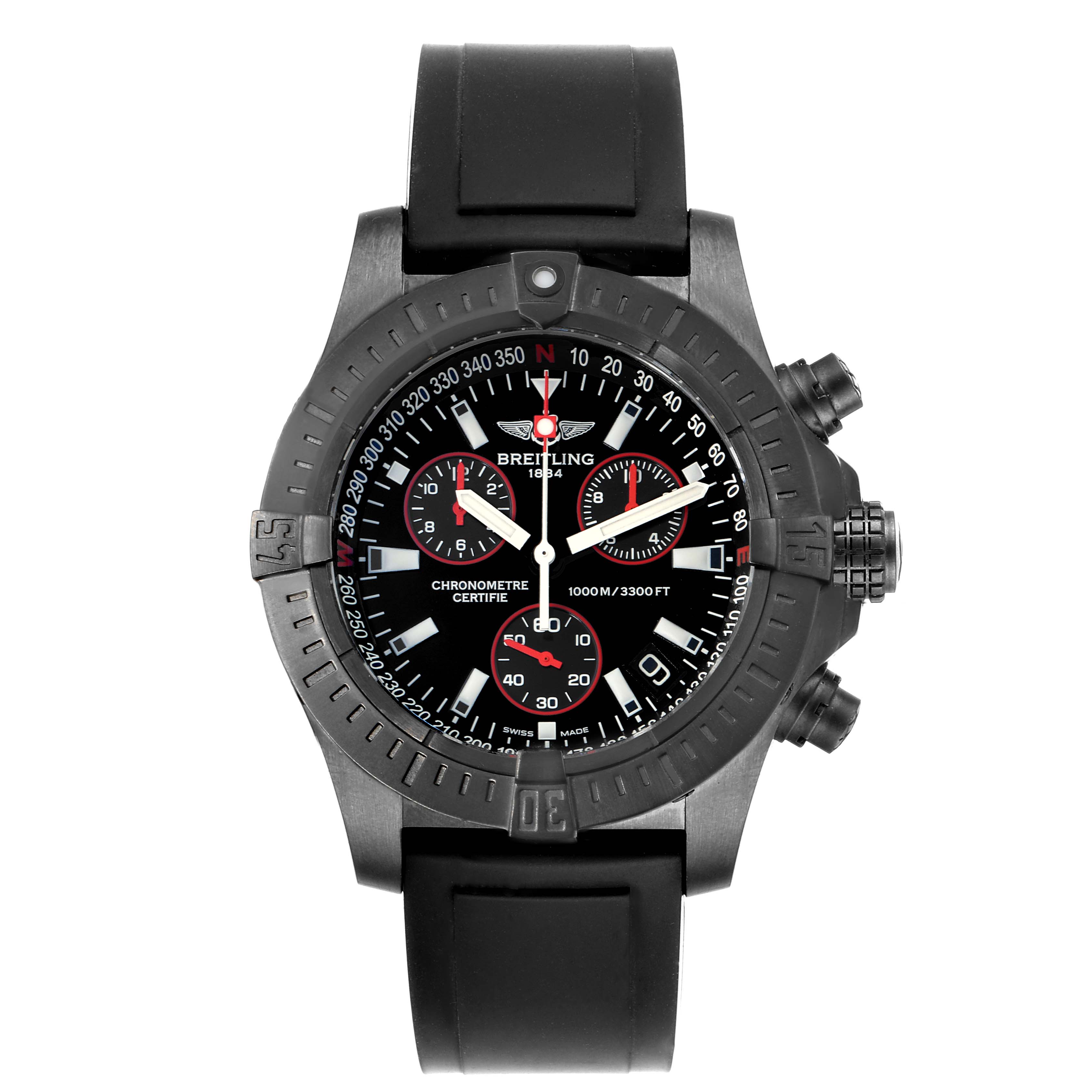 The image shows a front view of a Breitling Avenger M73390 Men's Stainless Steel Black Dial M73390 Men's Stainless Steel Black Dial watch, detailing its bezel, face, subdials, and black rubber strap.