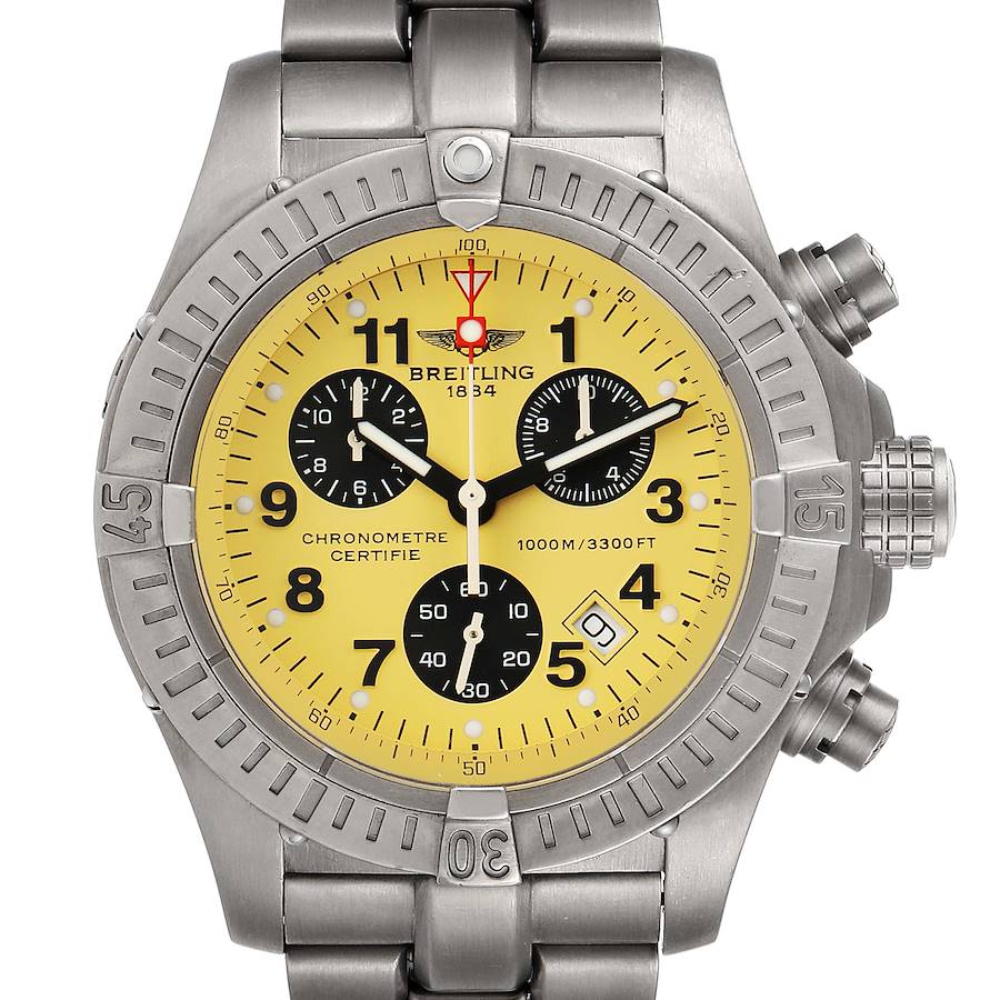 Breitling Aeromarine Chrono Avenger M1 Yellow Dial Titanium Watch E73360 Box SwissWatchExpo