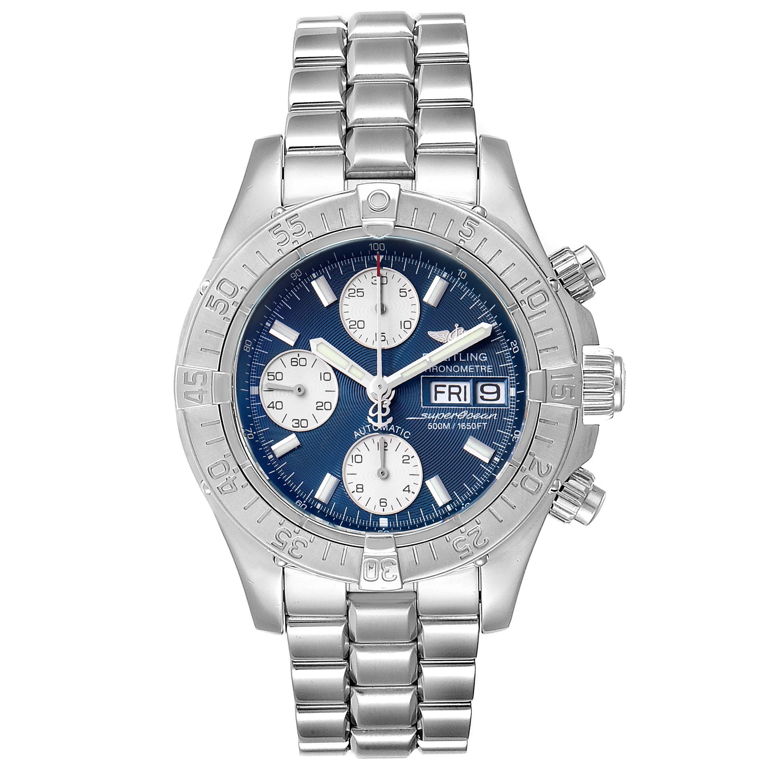 The image shows a Breitling Superocean A13340 Men's Stainless Steel Blue Dial A13340 Men's Stainless Steel Blue Dial watch, featuring its face, bracelet, dial, and chronograph buttons from a front angle.
