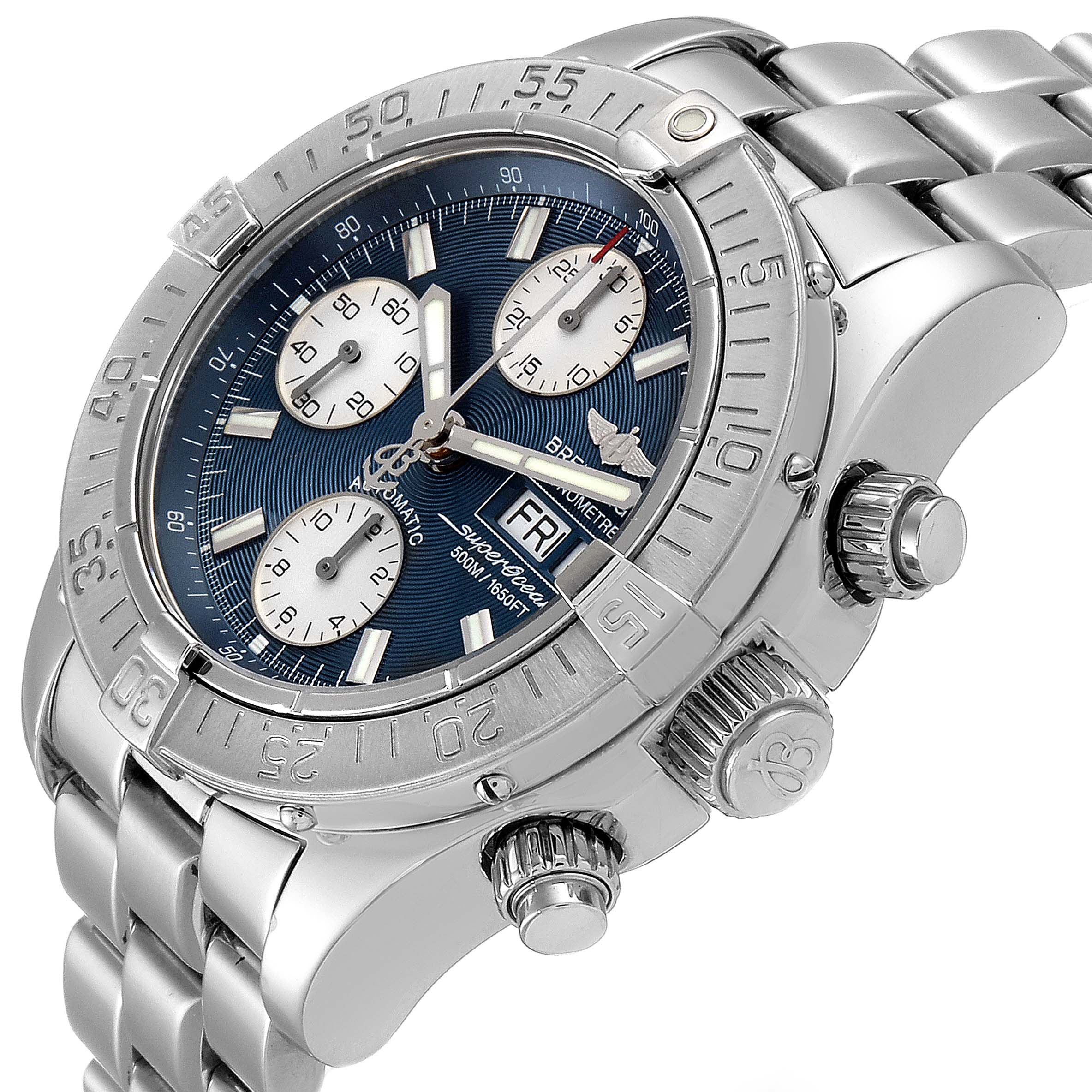 This image shows the Breitling Superocean A13340 Men's Stainless Steel Blue Dial A13340 Men's Stainless Steel Blue Dial watch in an angled view, highlighting its face, bezel, and metal bracelet.
