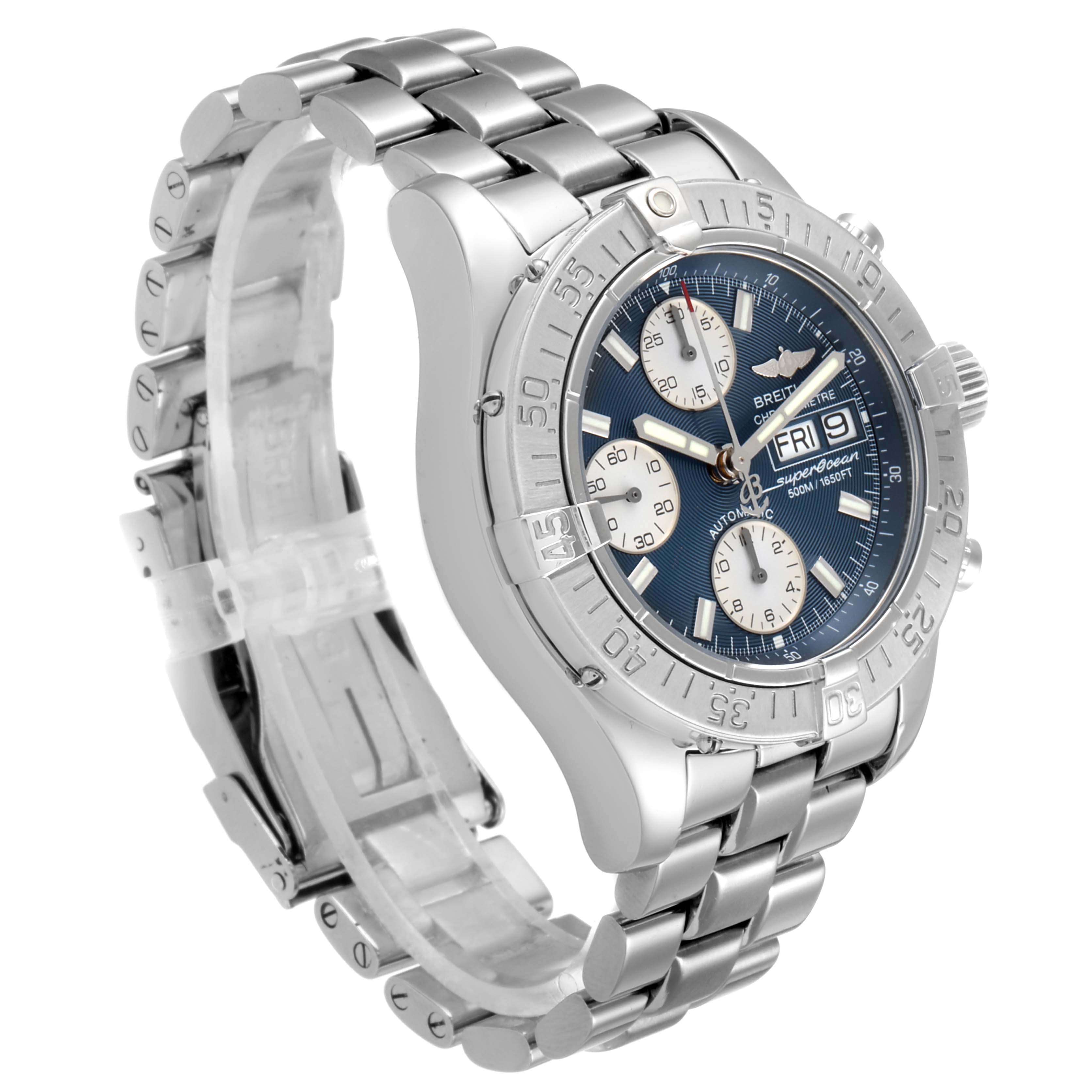 The Breitling Superocean A13340 Men's Stainless Steel Blue Dial A13340 Men's Stainless Steel Blue Dial watch is shown at a slight angle, displaying the watch face, bezel, and metal bracelet.