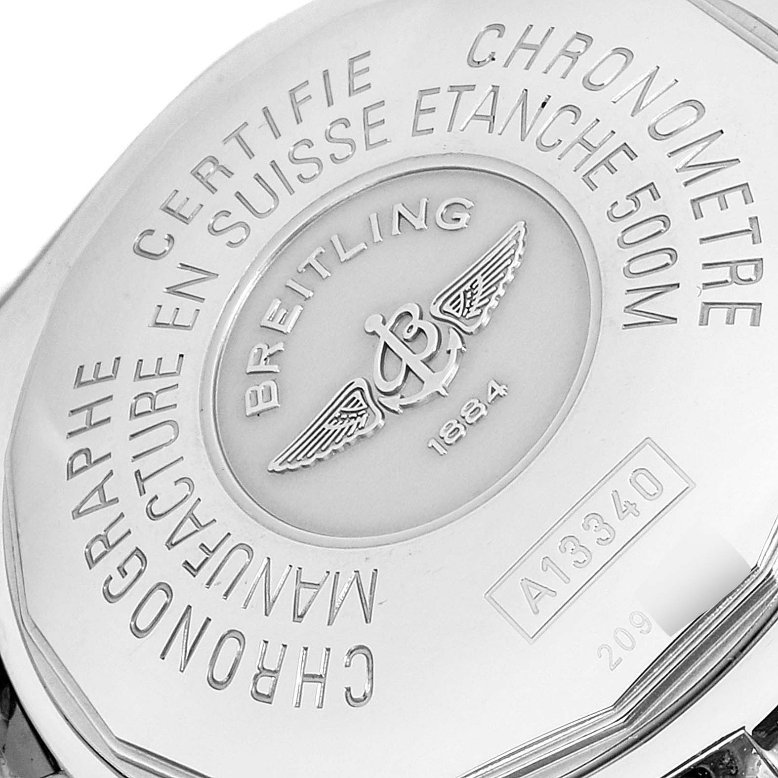 The image shows the back case of the Breitling Superocean A13340 Men's Stainless Steel Blue Dial A13340 Men's Stainless Steel Blue Dial watch, displaying the brand logo and model details.