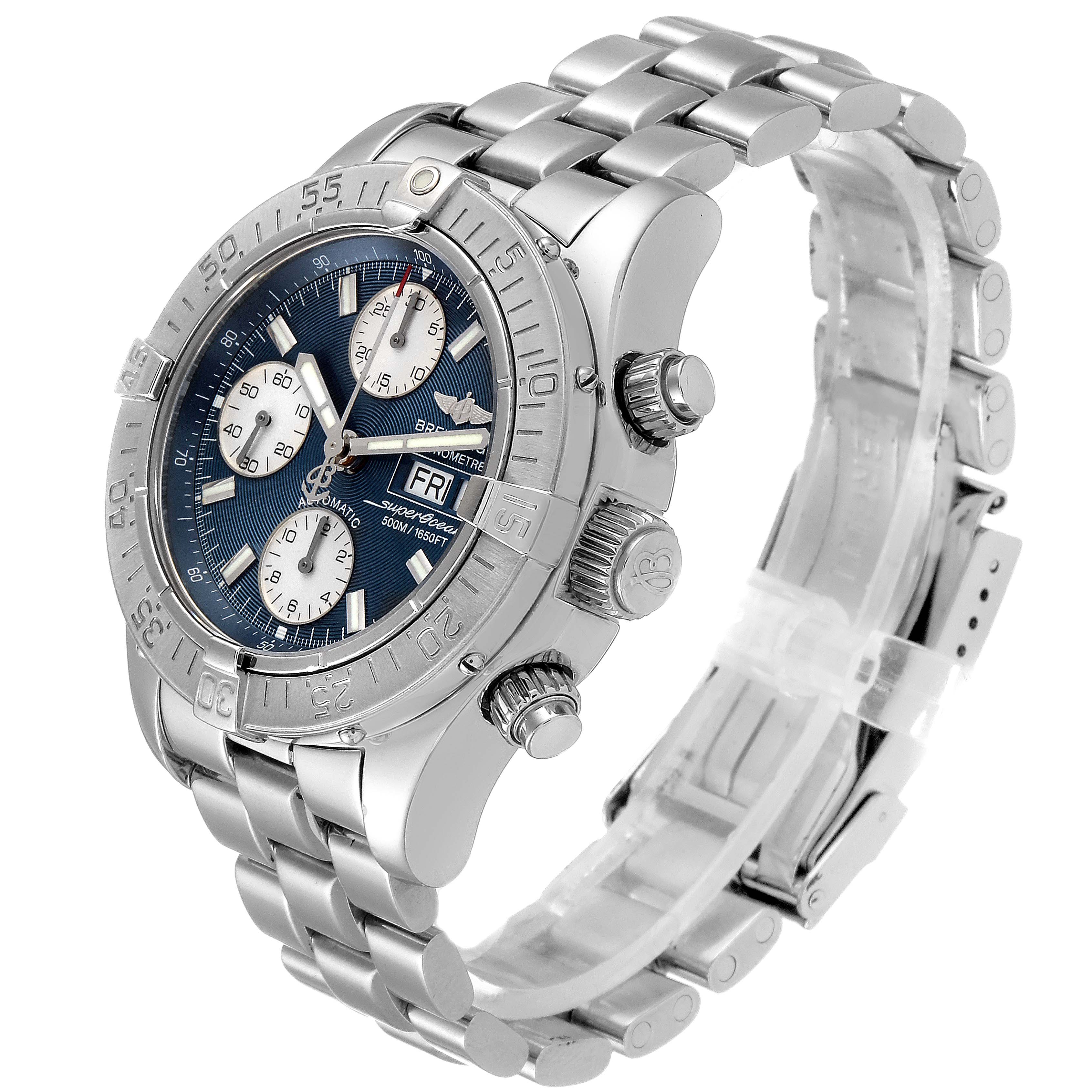 The image shows a Breitling Superocean A13340 Men's Stainless Steel Blue Dial A13340 Men's Stainless Steel Blue Dial watch at an angle highlighting the face, bezel, crown, pushers, and bracelet.