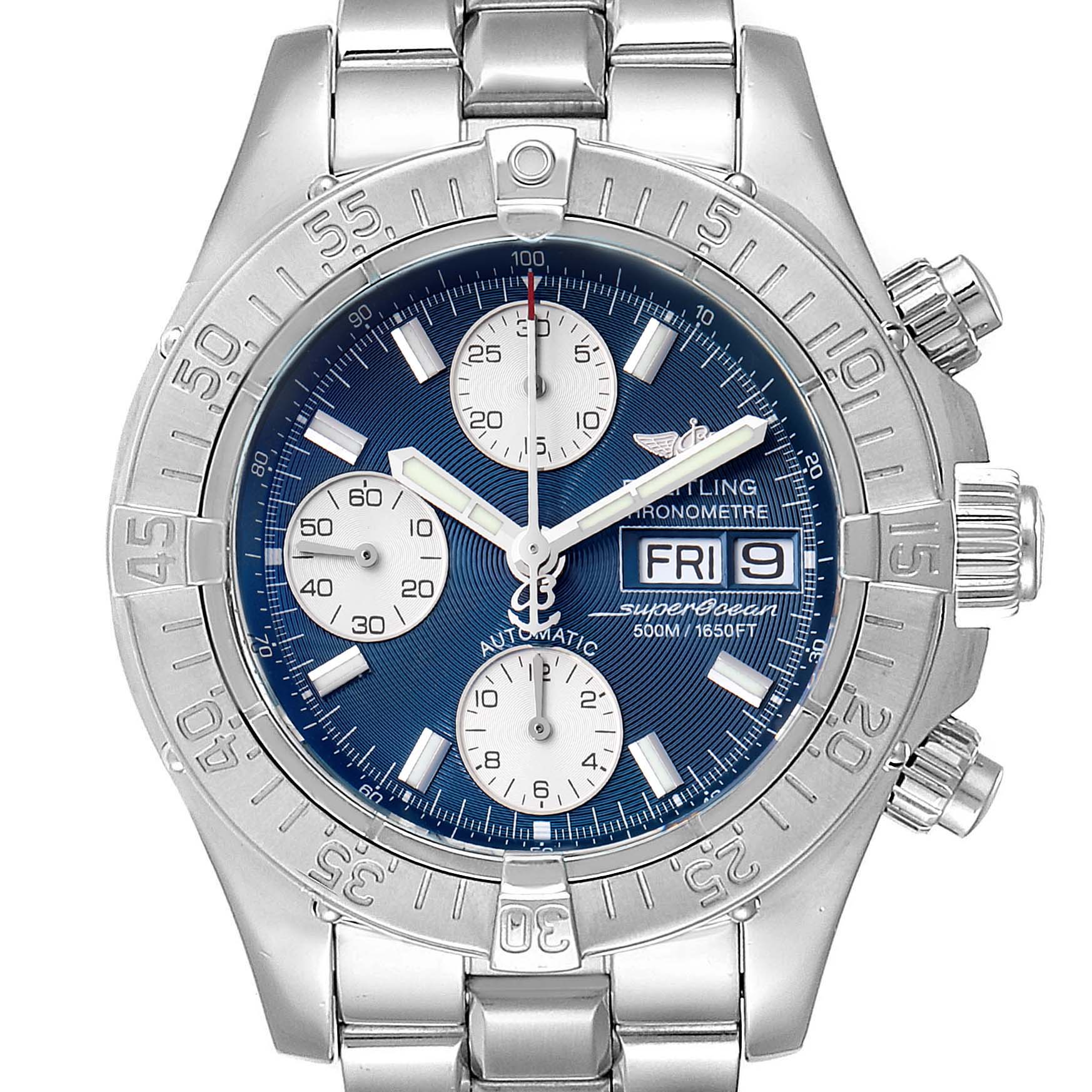 The image shows a front view of a Breitling Superocean A13340 Men's Stainless Steel Blue Dial A13340 Men's Stainless Steel Blue Dial watch, highlighting its blue dial, chronograph subdials, and stainless steel bracelet.