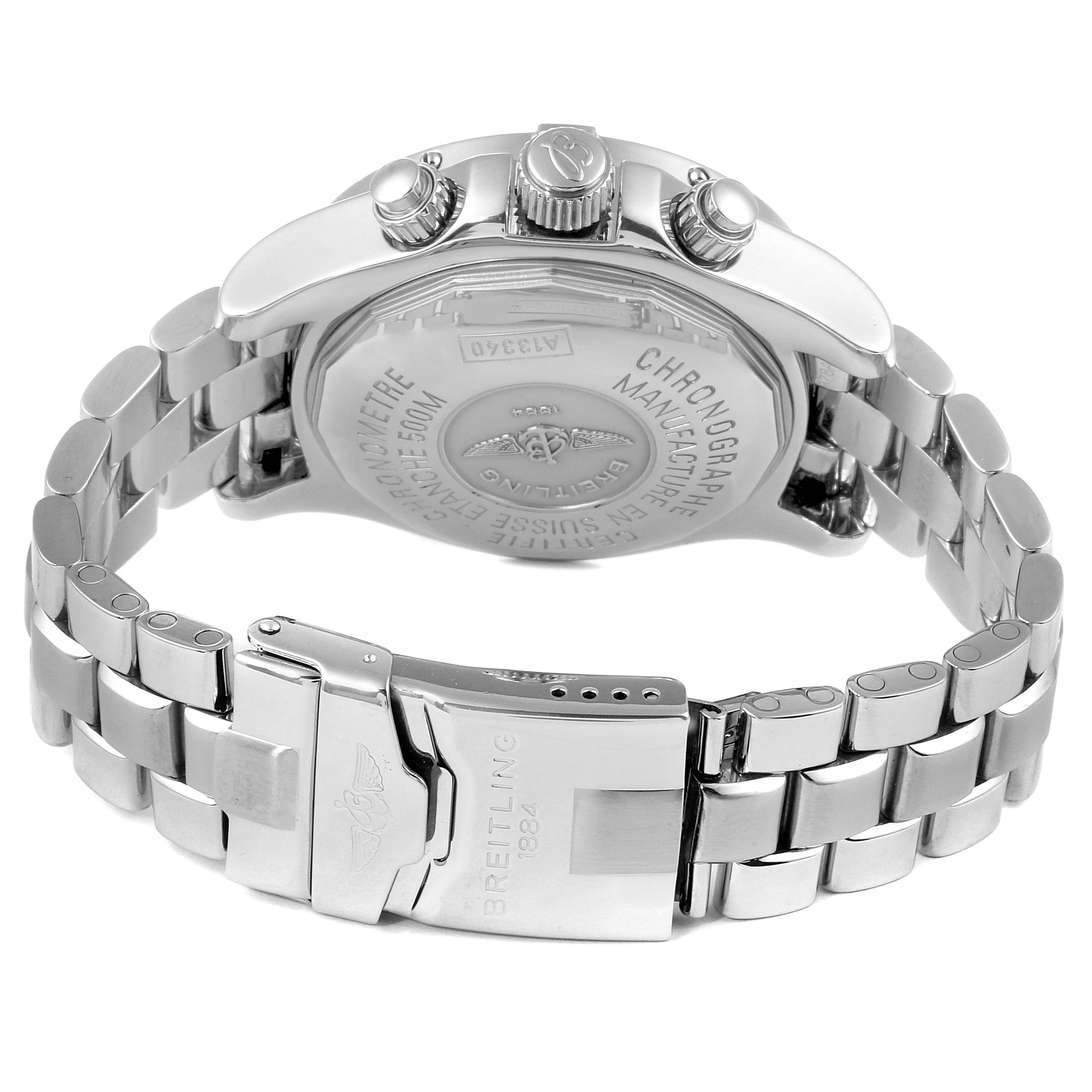 This image shows the back of the Breitling Superocean A13340 Men's Stainless Steel Blue Dial A13340 Men's Stainless Steel Blue Dial watch, highlighting its case back, bracelet, and clasp.